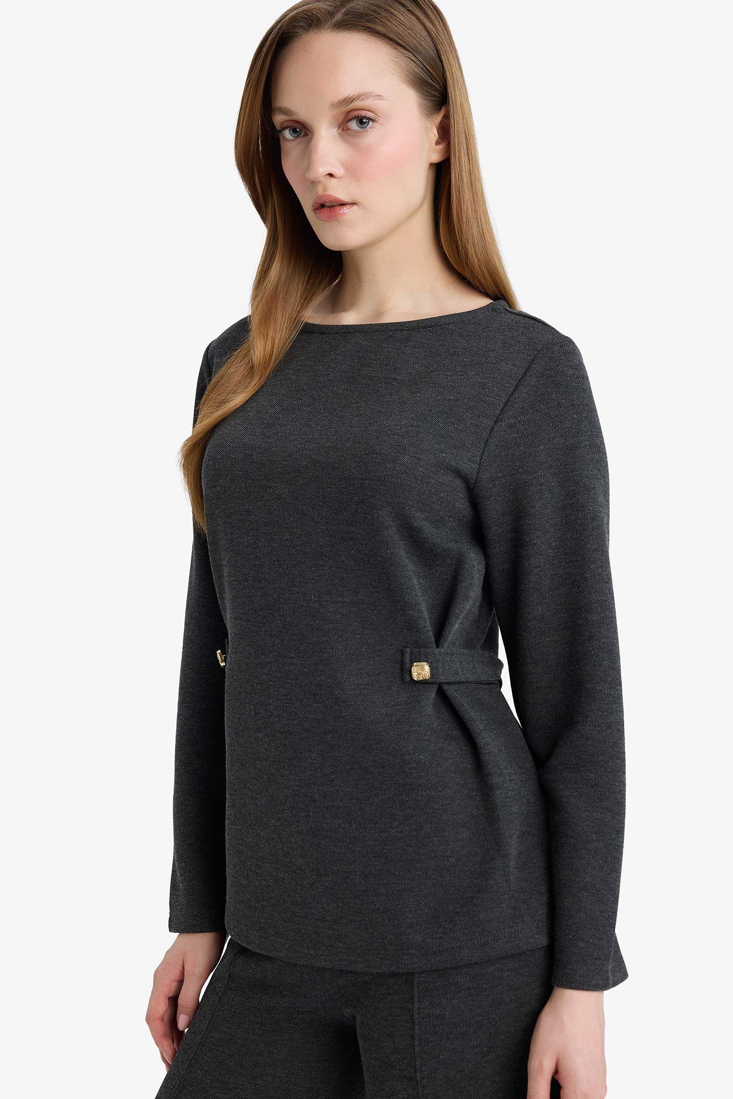 Regular Fit Kayık Yaka Pike Uzun Kollu Tişört