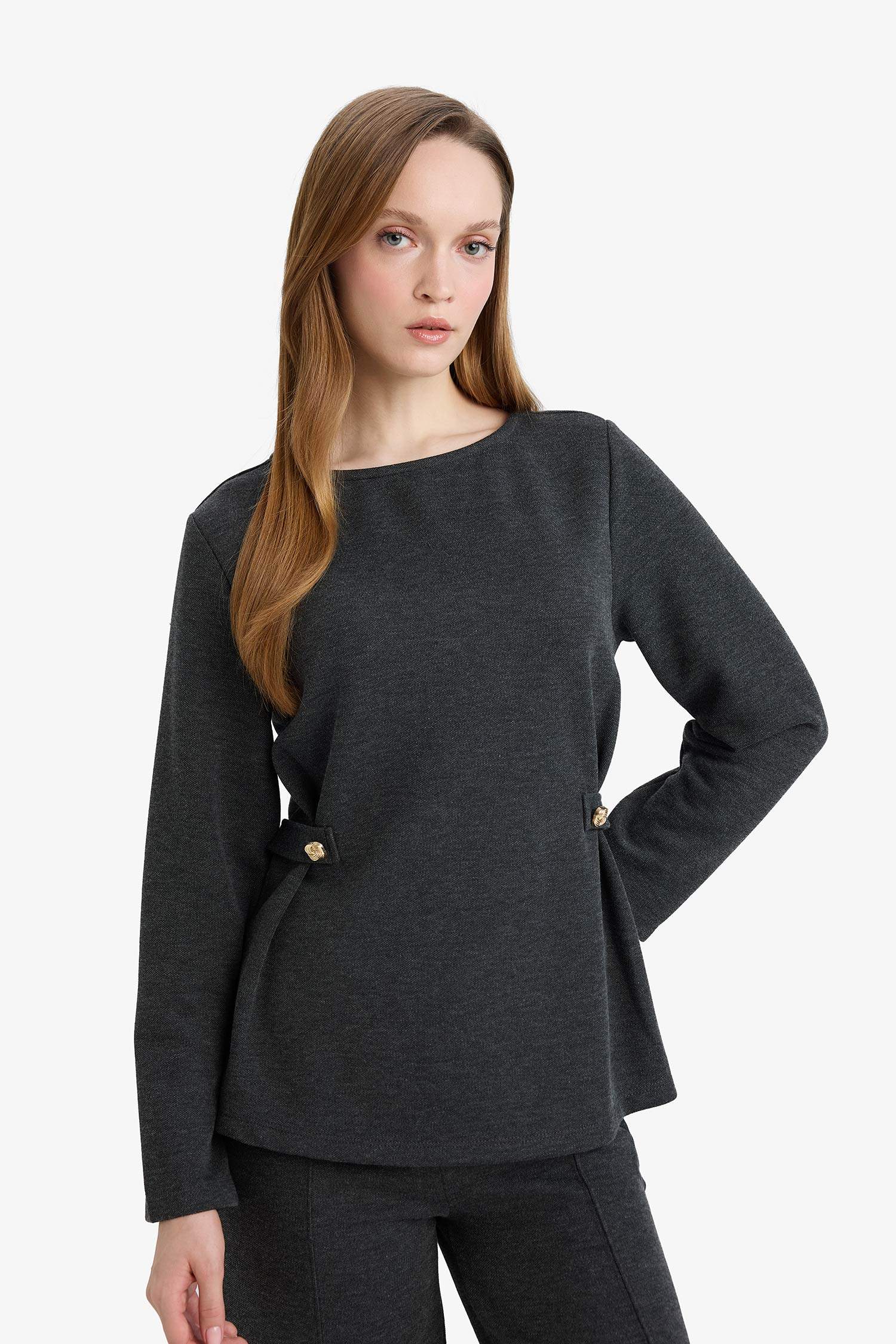 Regular Fit Kayık Yaka Pike Uzun Kollu Tişört