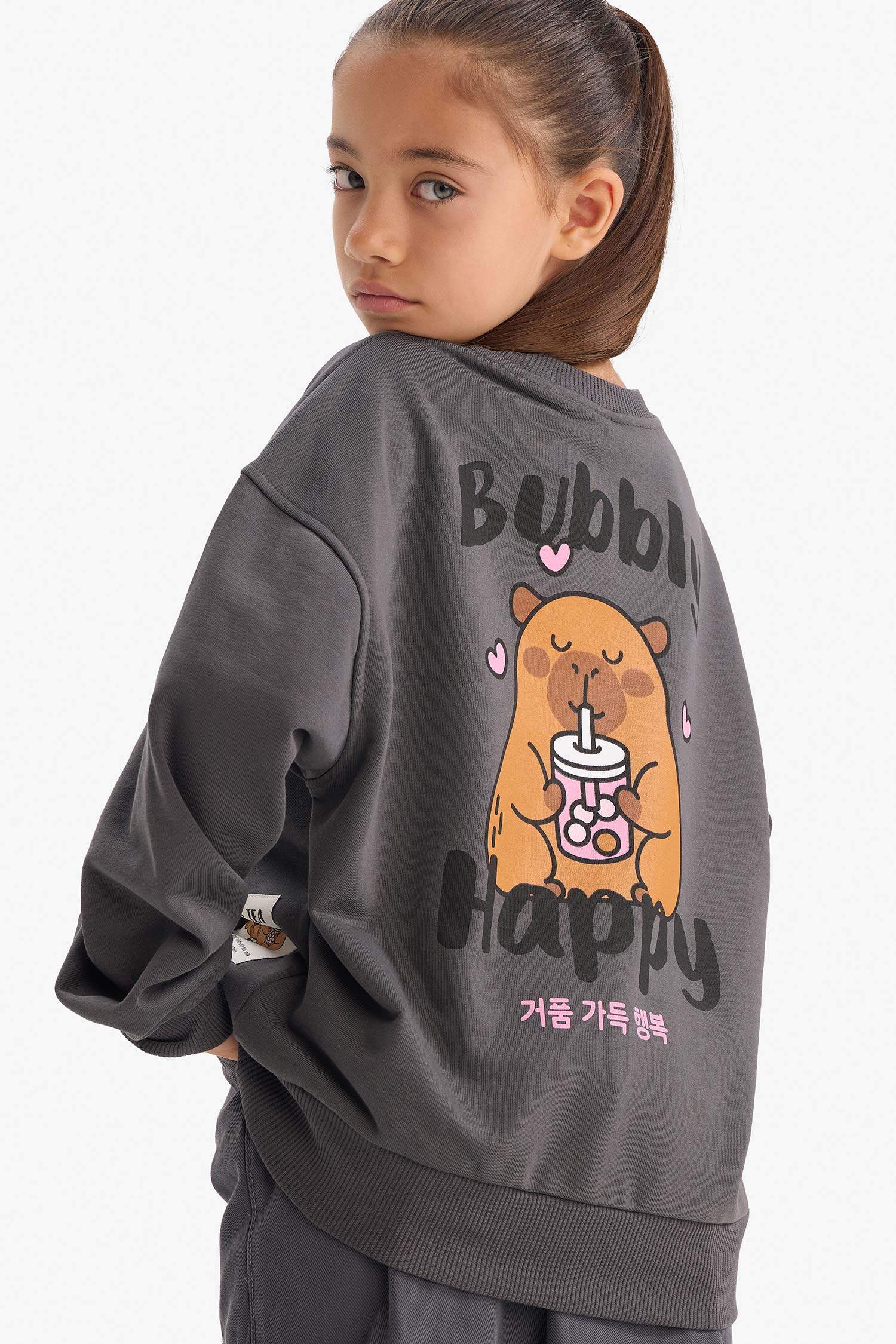 Kız Çocuk Oversize Geniş Kalıp Bisiklet Yaka Sırt Baskılı Sweatshirt 