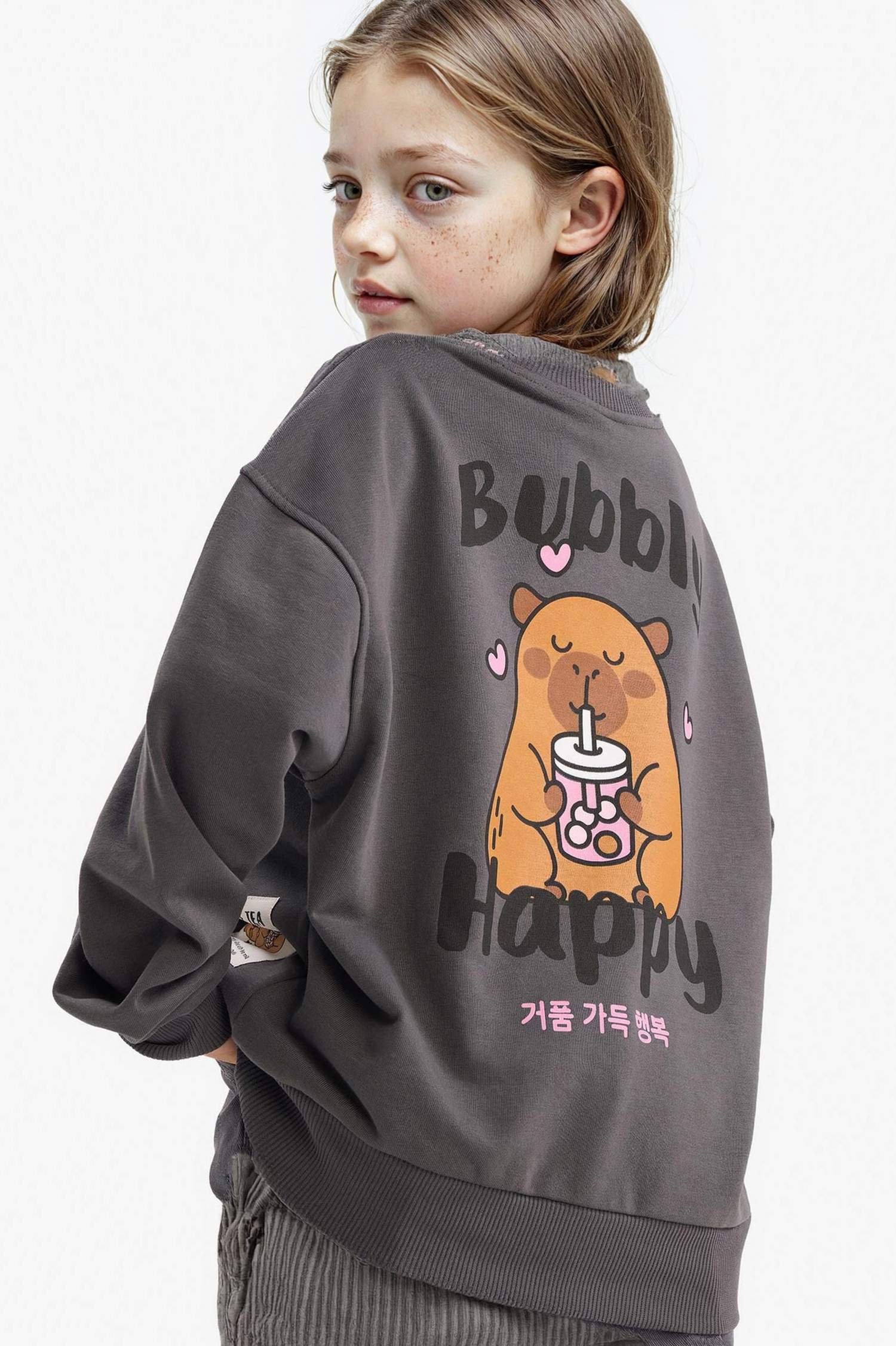 Kız Çocuk Oversize Geniş Kalıp Bisiklet Yaka Sırt Baskılı Sweatshirt