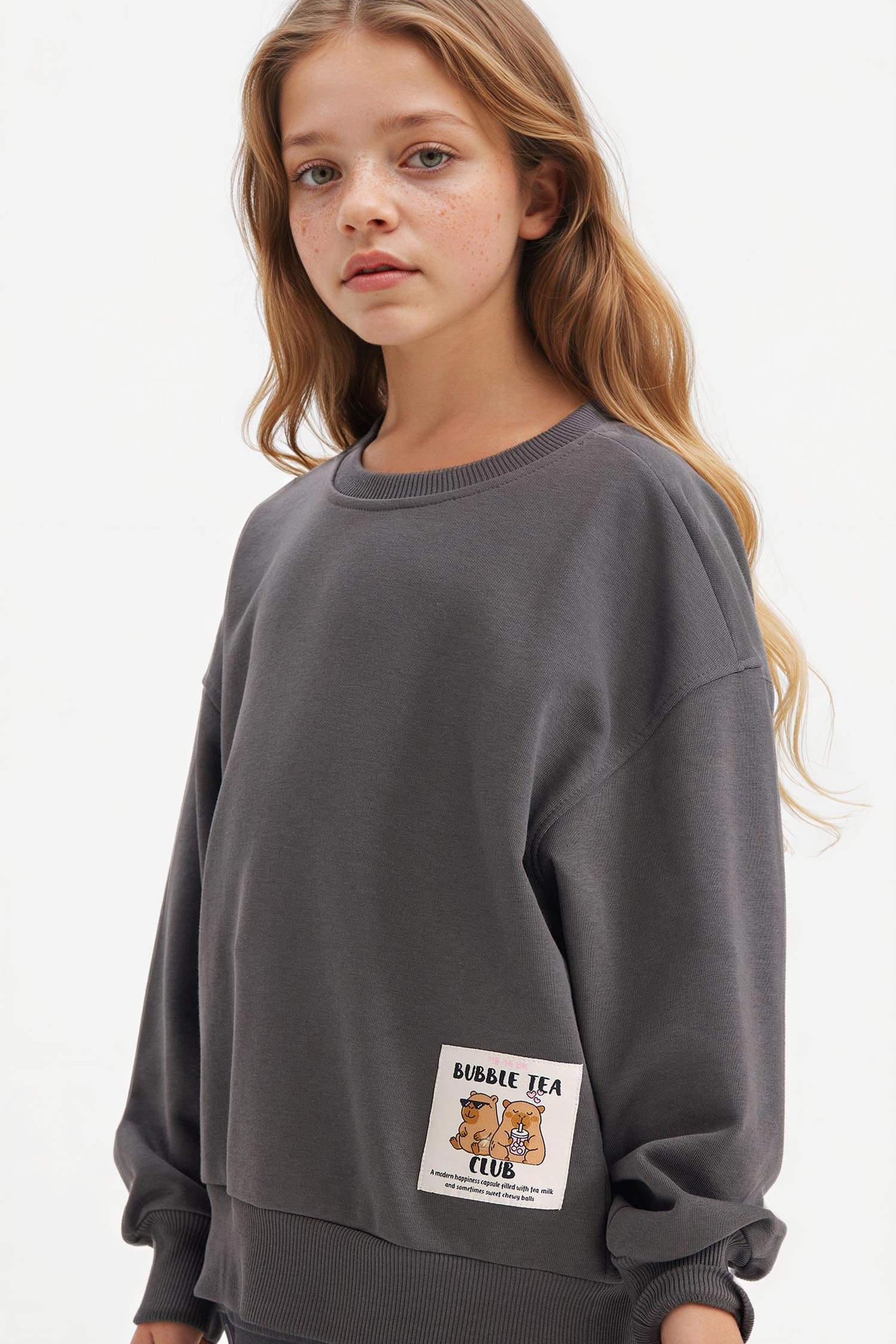 Kız Çocuk Oversize Geniş Kalıp Bisiklet Yaka Sırt Baskılı Sweatshirt 