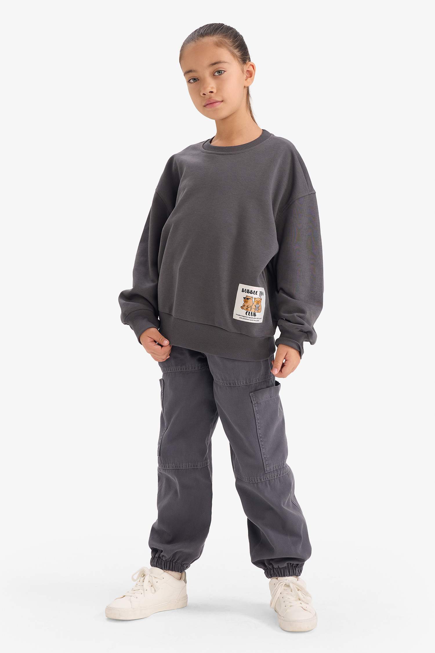 Kız Çocuk Oversize Geniş Kalıp Bisiklet Yaka Sırt Baskılı Sweatshirt 