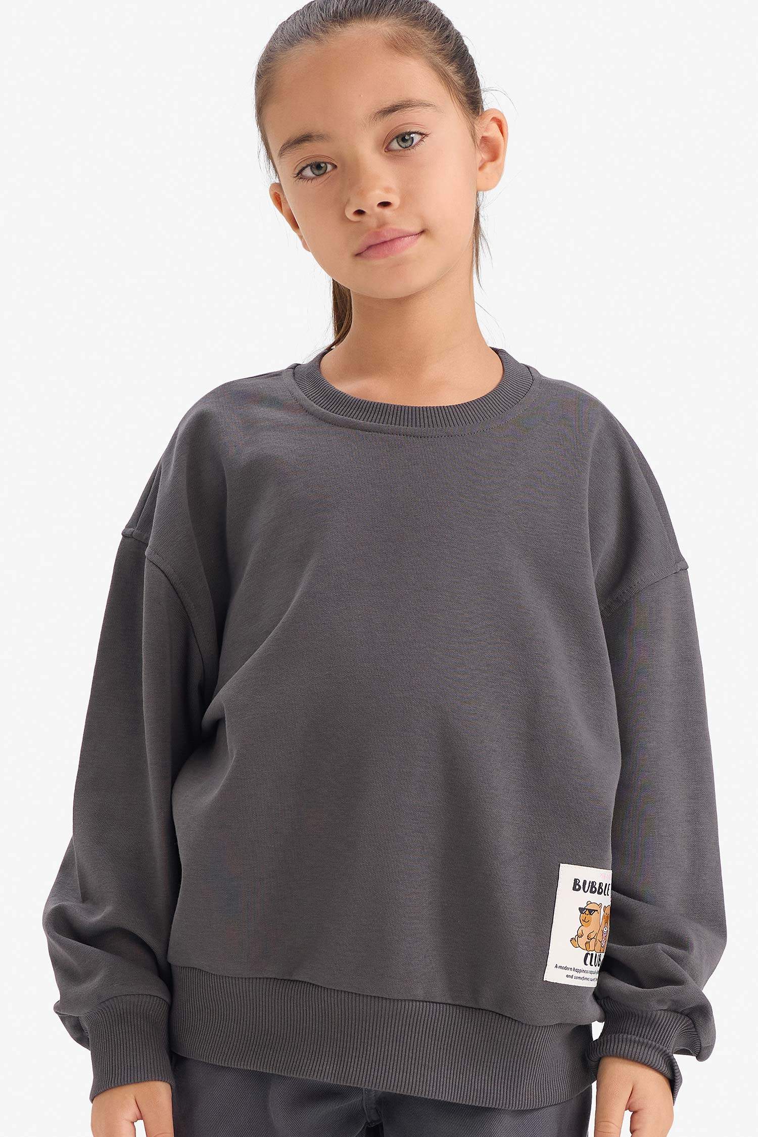 Kız Çocuk Oversize Geniş Kalıp Bisiklet Yaka Sırt Baskılı Sweatshirt 