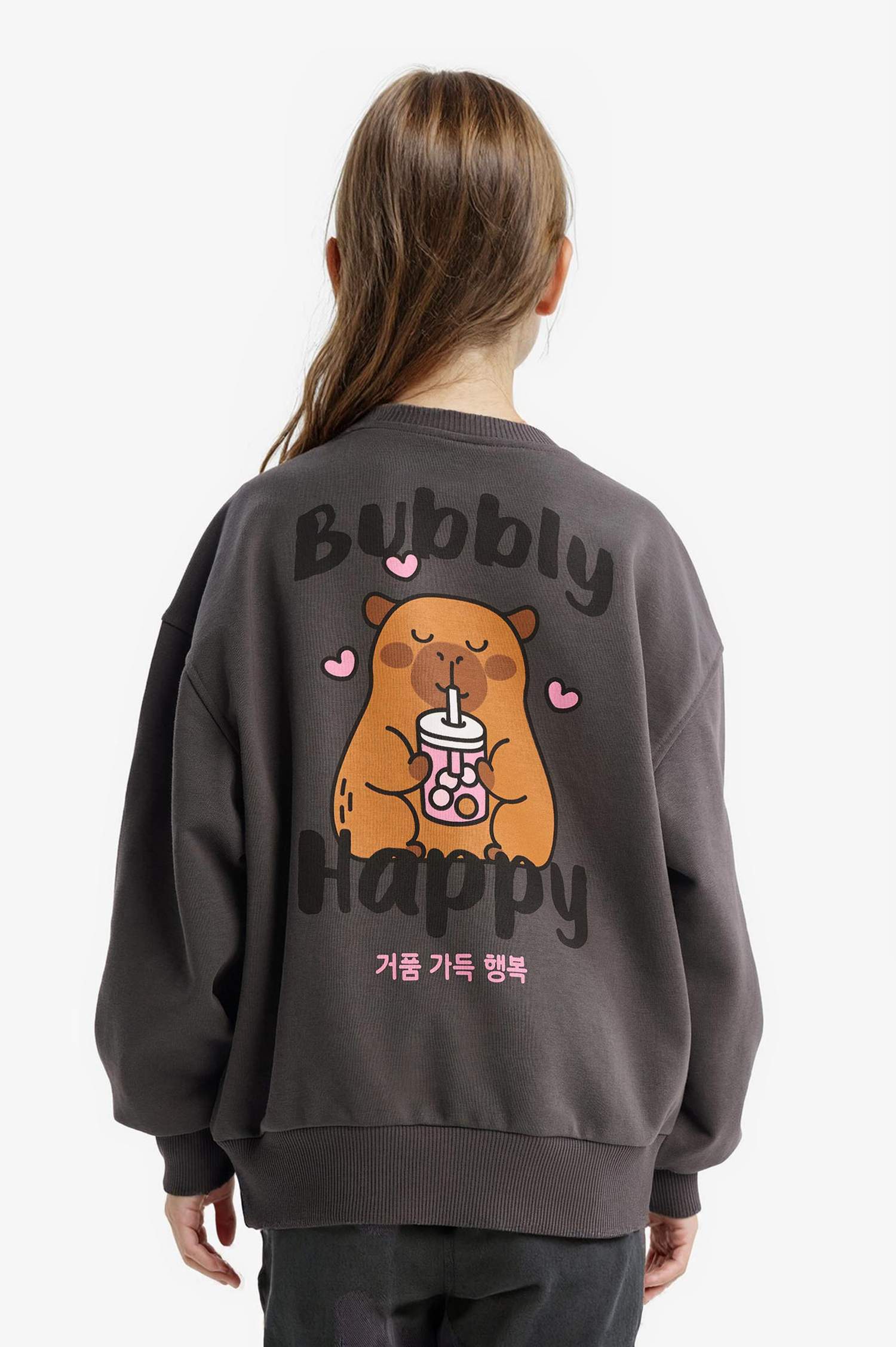 Kız Çocuk Oversize Geniş Kalıp Bisiklet Yaka Sırt Baskılı Sweatshirt