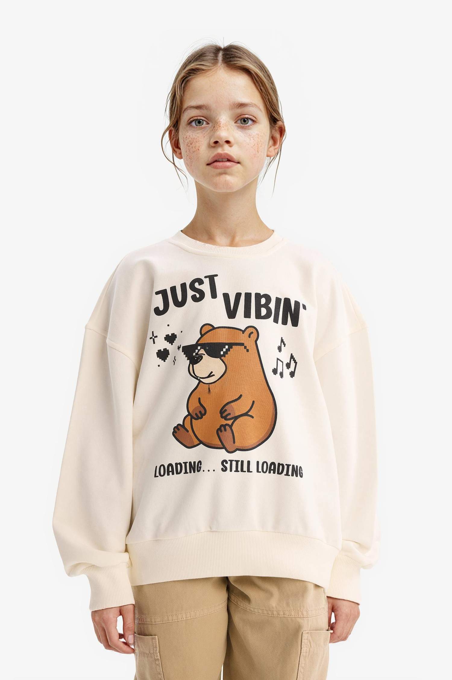 Kız Çocuk Relax Fit Bisiklet Yaka Baskılı Sweatshirt 