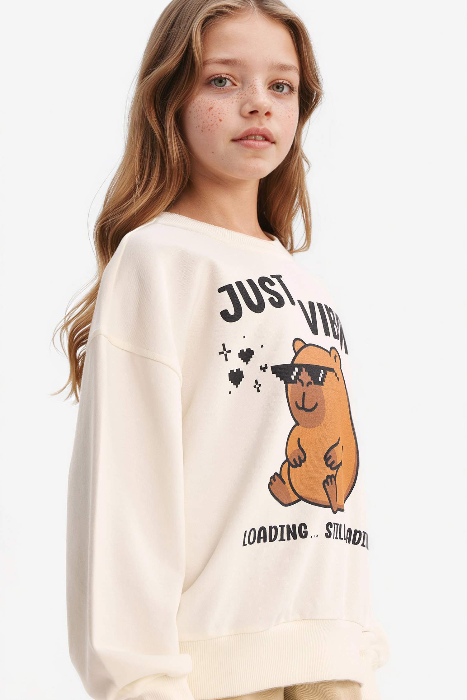 Relax Fit Bisiklet Yaka Baskılı Sweatshirt Kız Çocuk