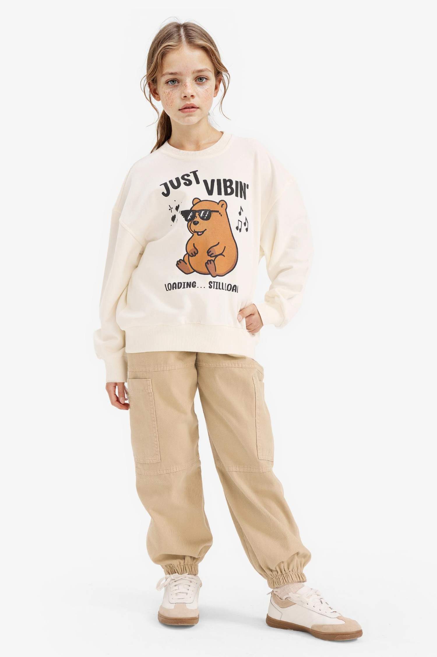 Kız Çocuk Relax Fit Bisiklet Yaka Baskılı Sweatshirt 