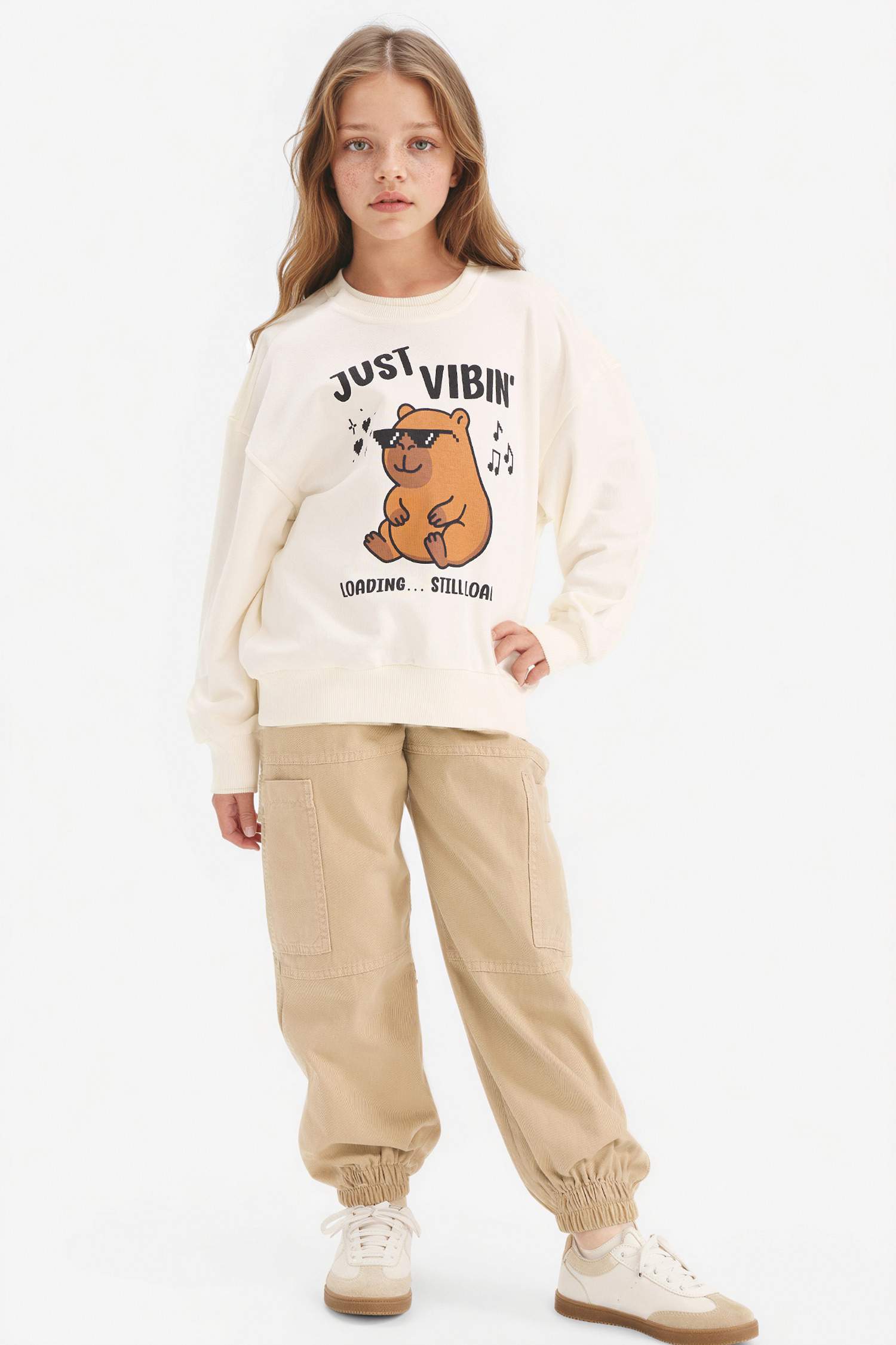 Relax Fit Bisiklet Yaka Baskılı Sweatshirt Kız Çocuk