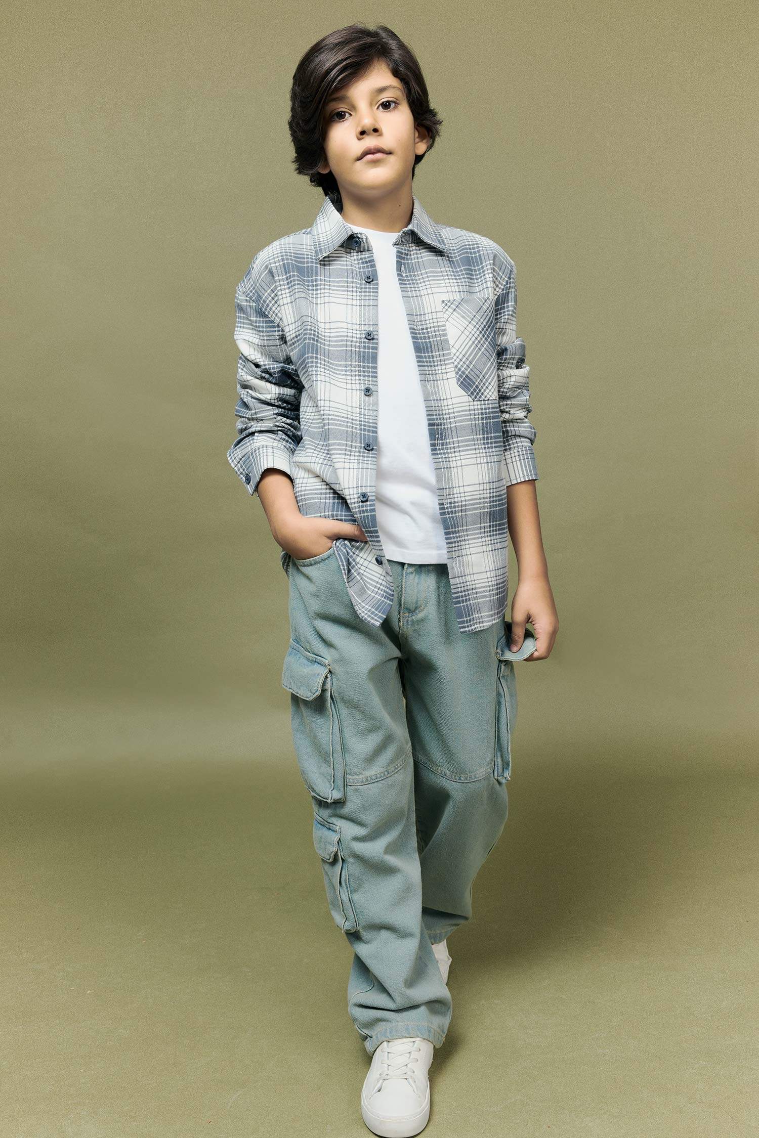 قميص كاروهات اولادي كم طويل فلانيل اوفر سايز بياقة بولو