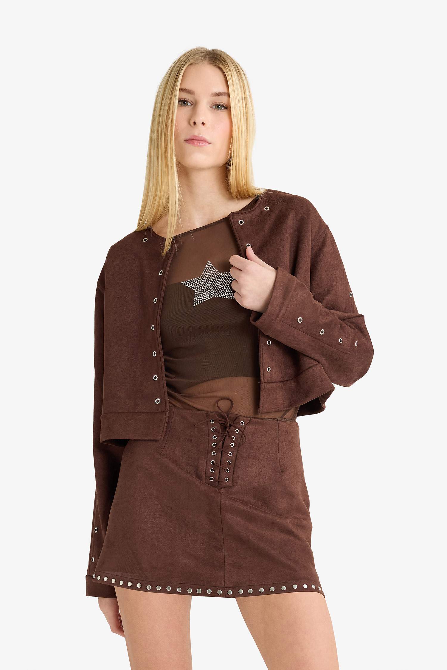 Mini Jupe trapèze en suédine à taille normale avec doublure en coton peigné