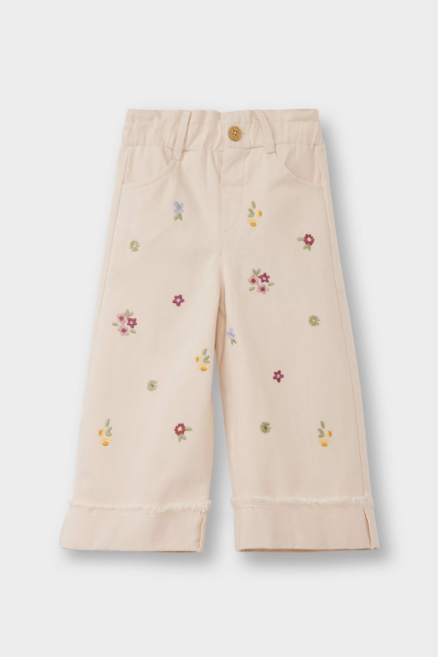 Kız Bebek Standart Fit Beli Lastikli Çiçekli Gabardin Pantolon