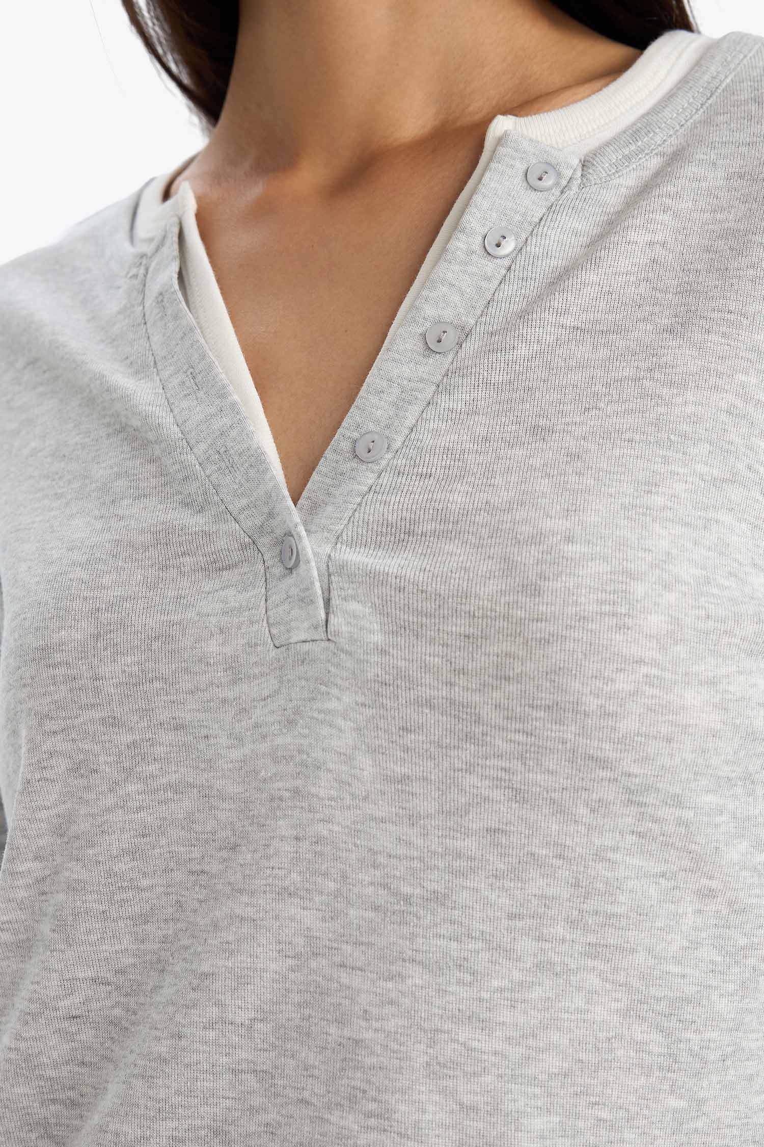 Slim Fit Dar Kesim Düğmeli Yaka Ribana Uzun Kollu Tişört