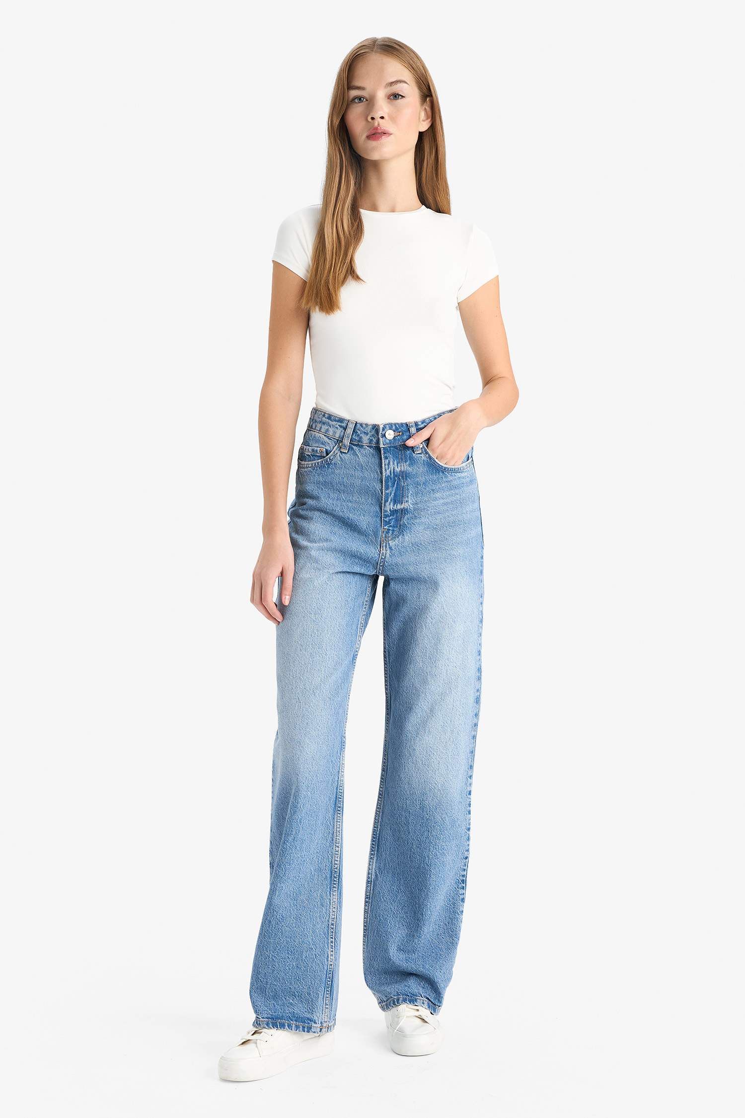 Straight Fit High Waist Long Washed Jeans