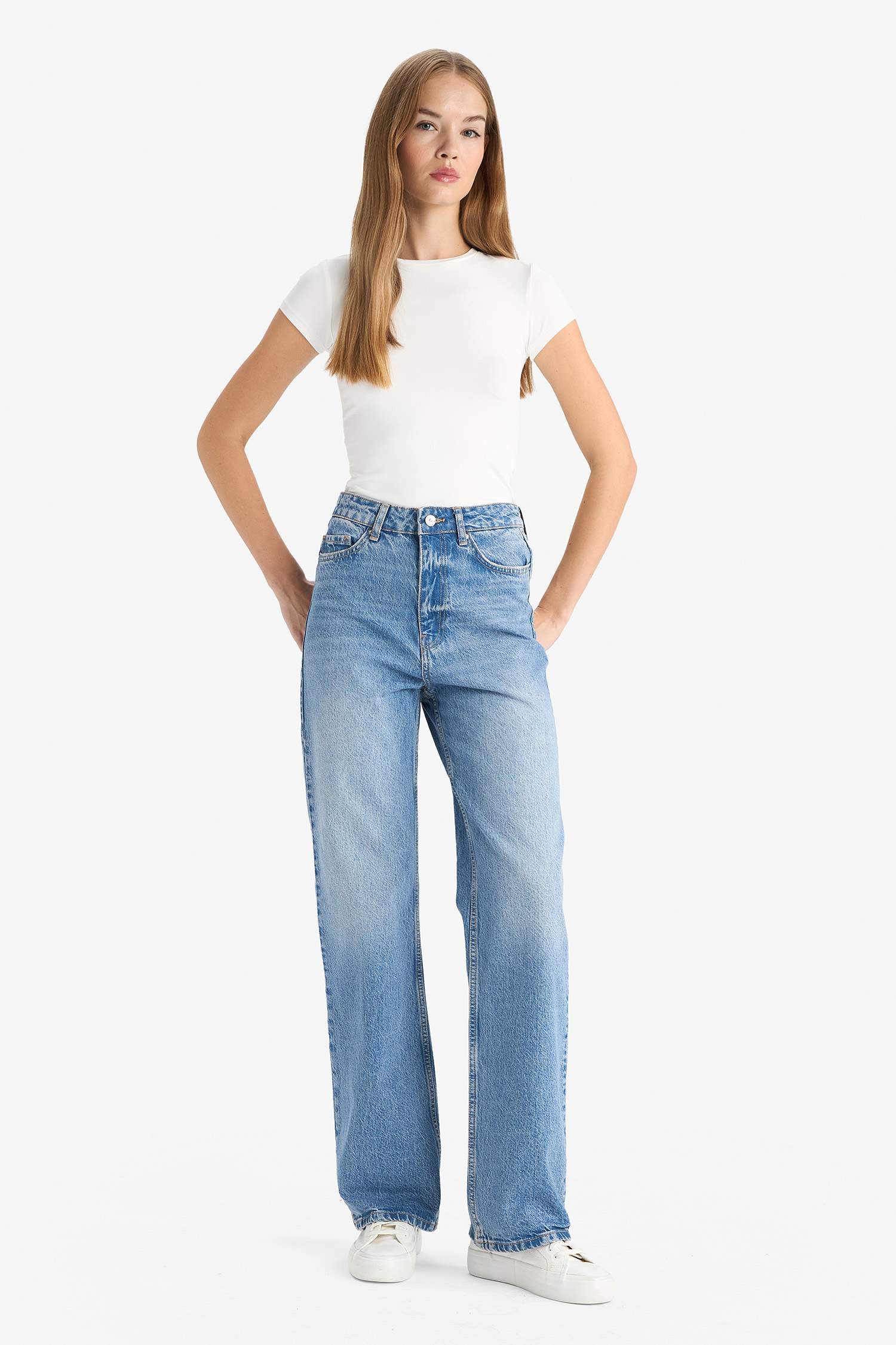 Straight Fit High Waist Long Washed Jeans
