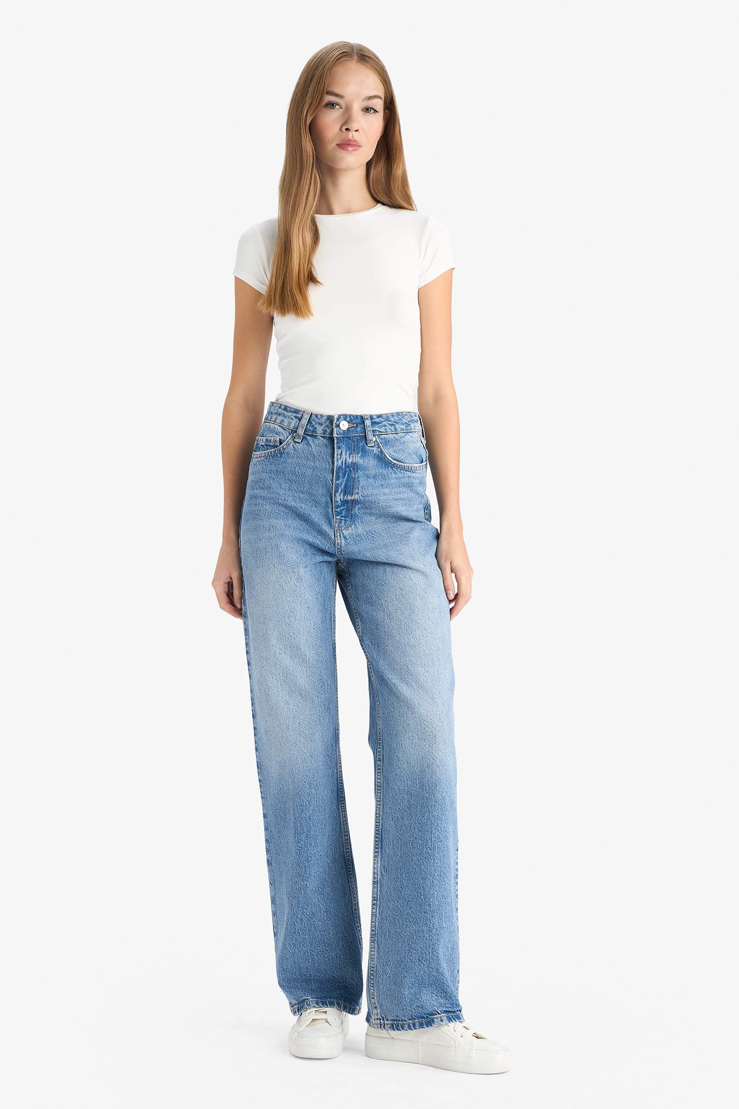 Straight Fit High Waist Long Washed Jeans