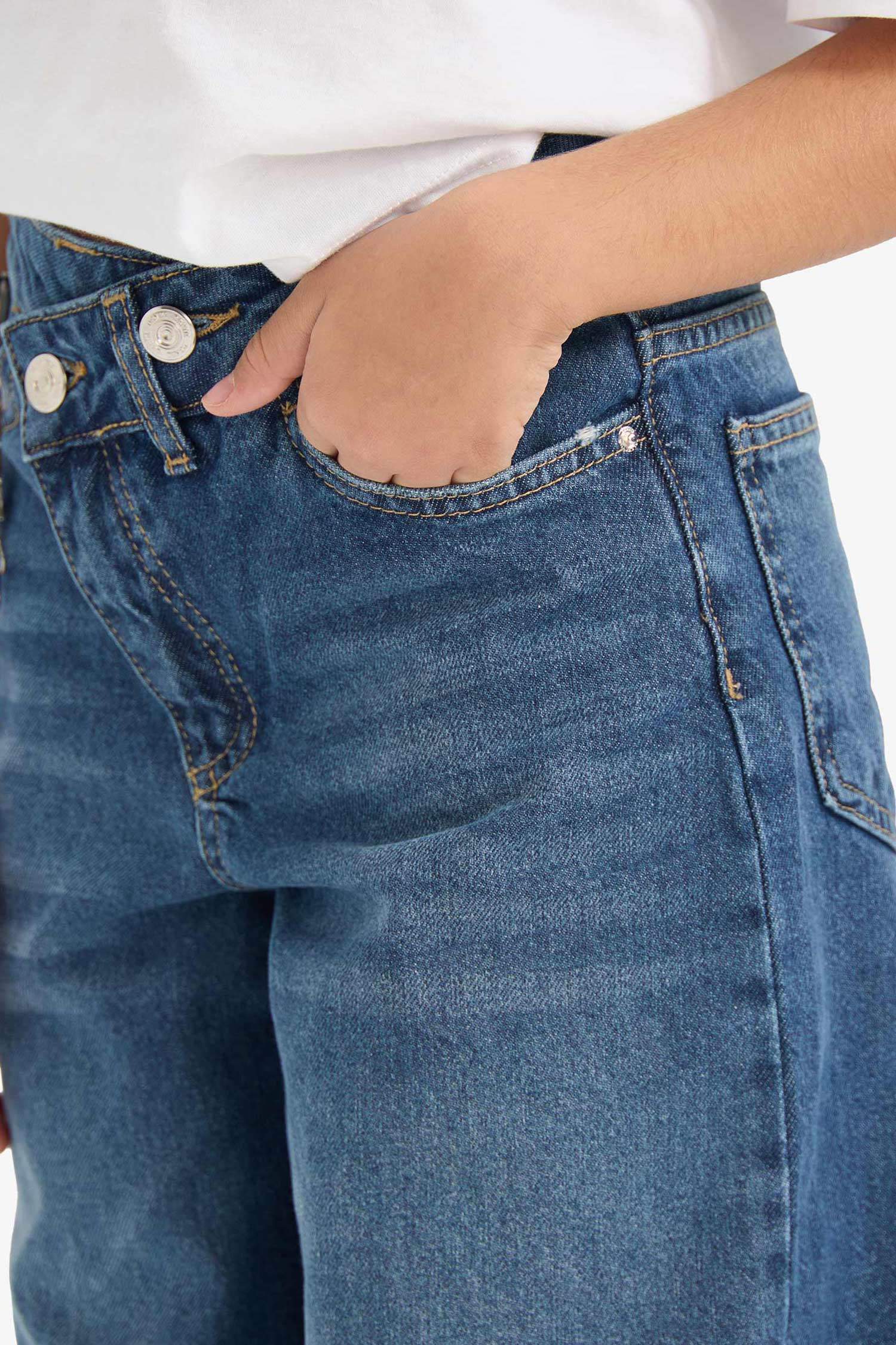 بنطرون جينز بناتي وايد ليج برجل واسع بجيب