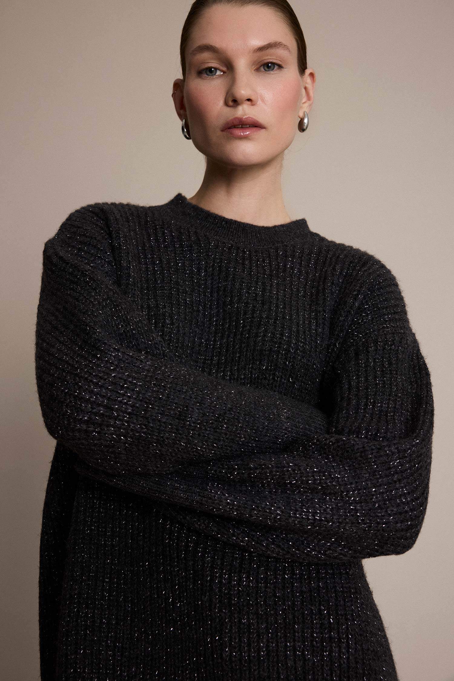 Loose Fit Bisiklet Yaka Simli Kumaş Triko Kazak Tunik