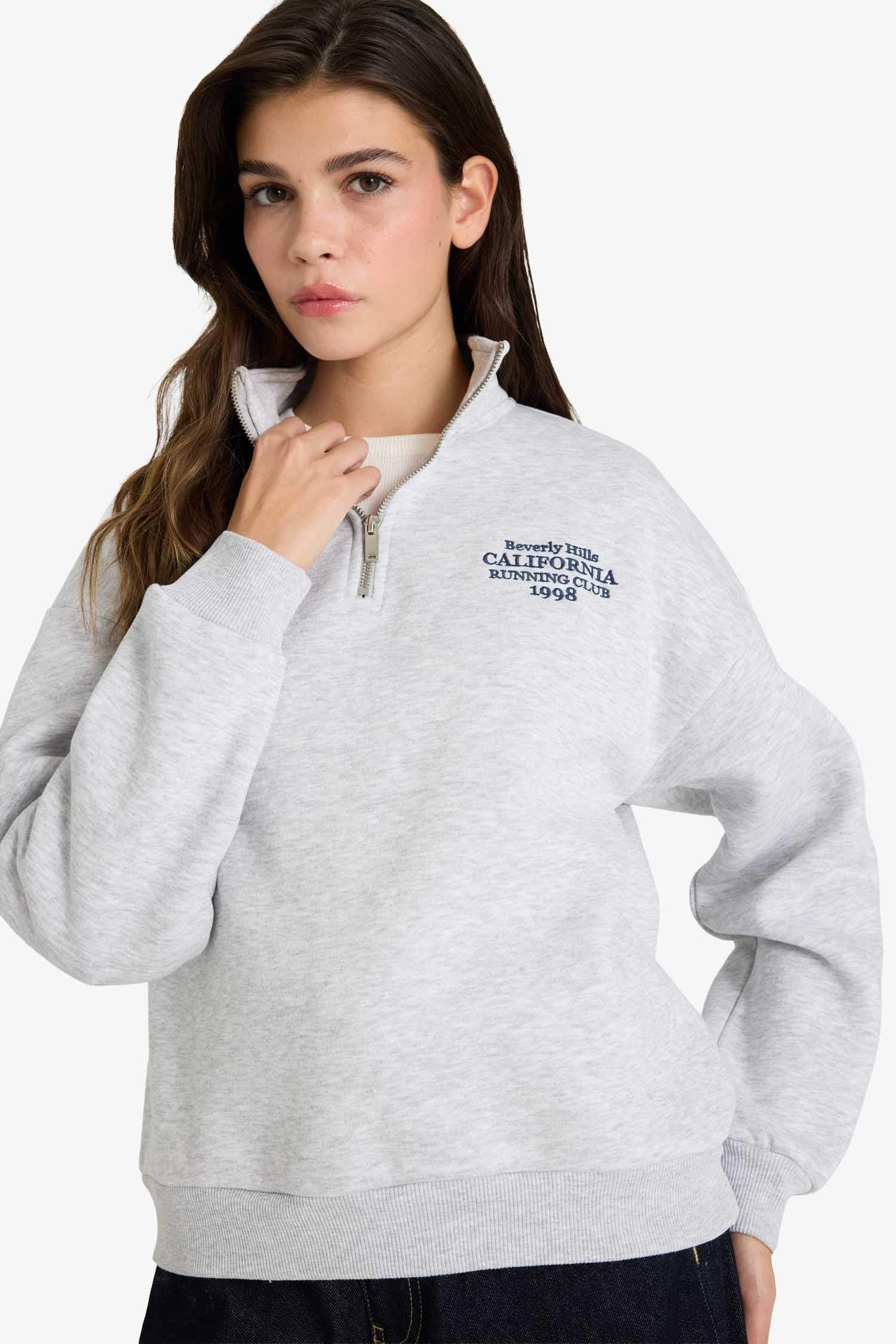 Oversize Geniş Kalıp Yarım Fermuarlı Baskılı Sweatshirt