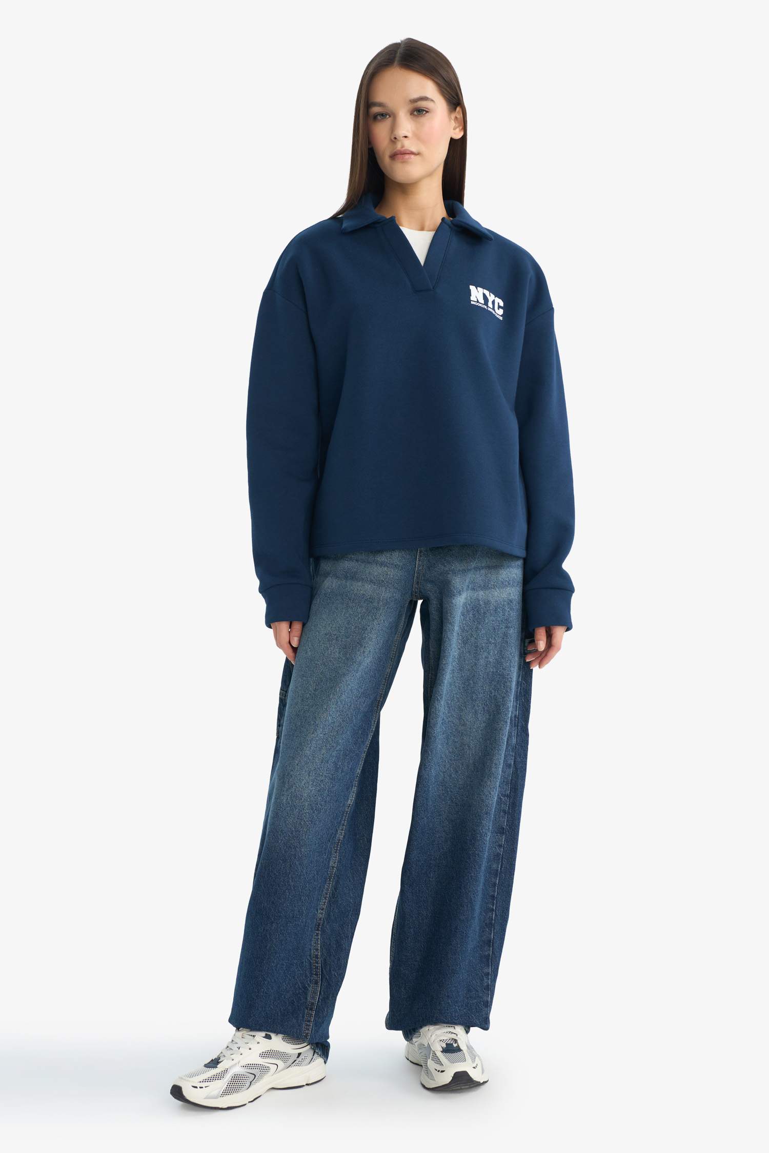 Coool Oversize Geniş Kalıp Polo Yaka Baskılı Sweatshirt