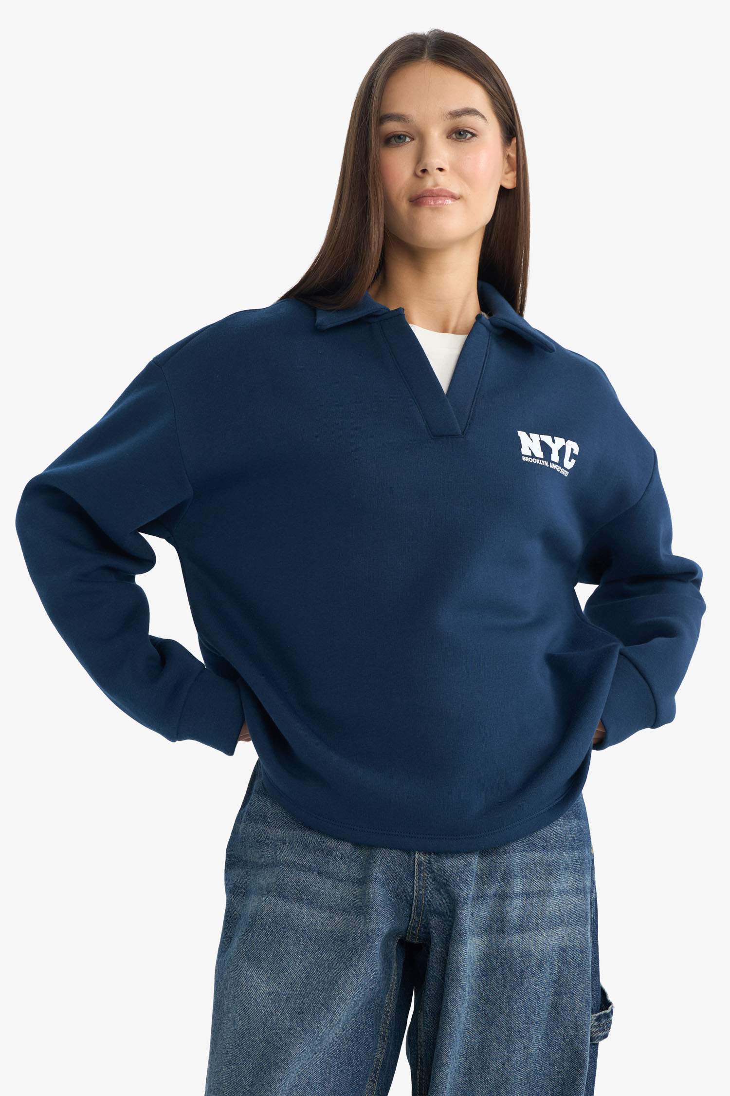 Coool Oversize Geniş Kalıp Polo Yaka Baskılı Sweatshirt