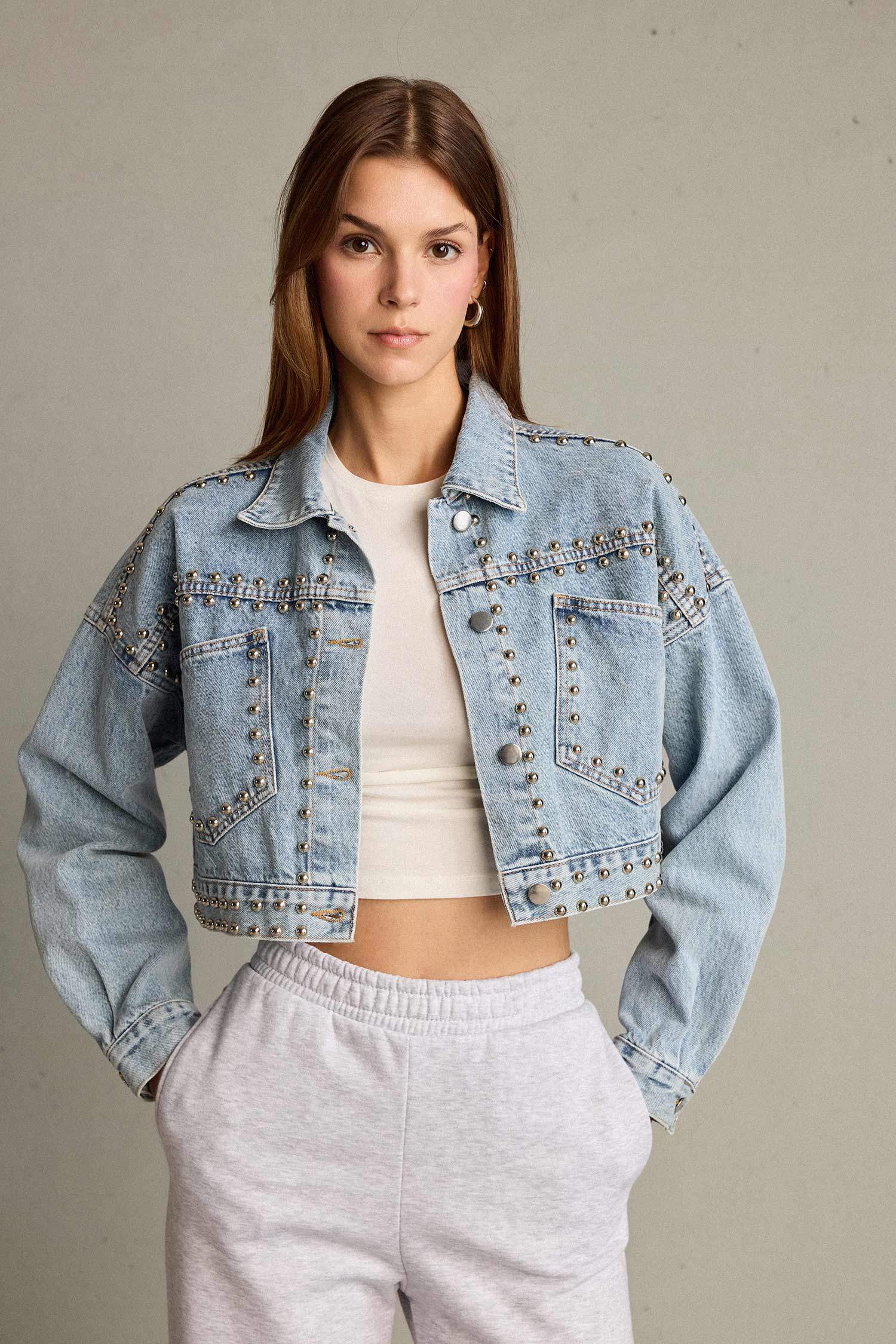 Crop Düğmeli Denim Ceket