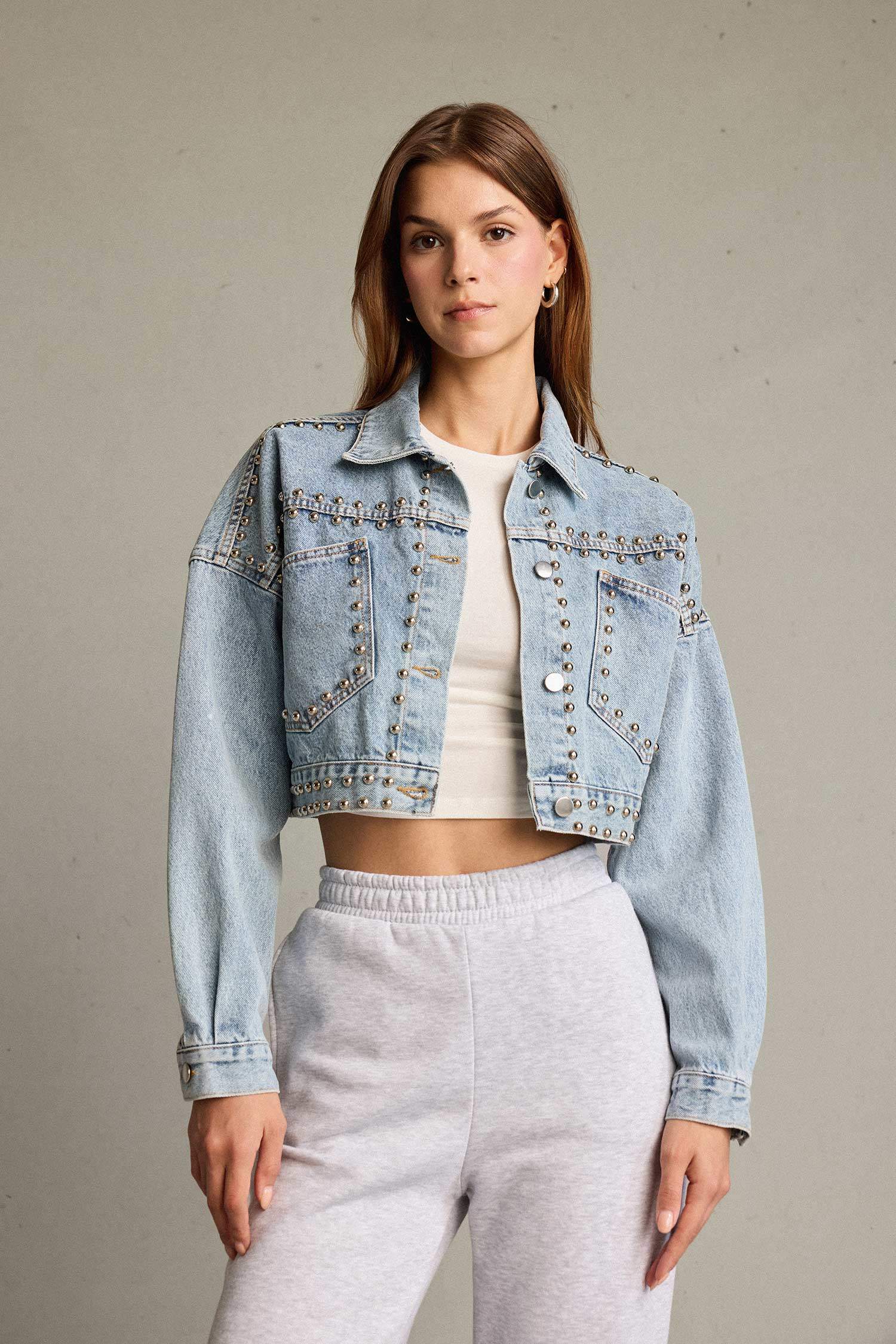 Crop Düğmeli Denim Ceket