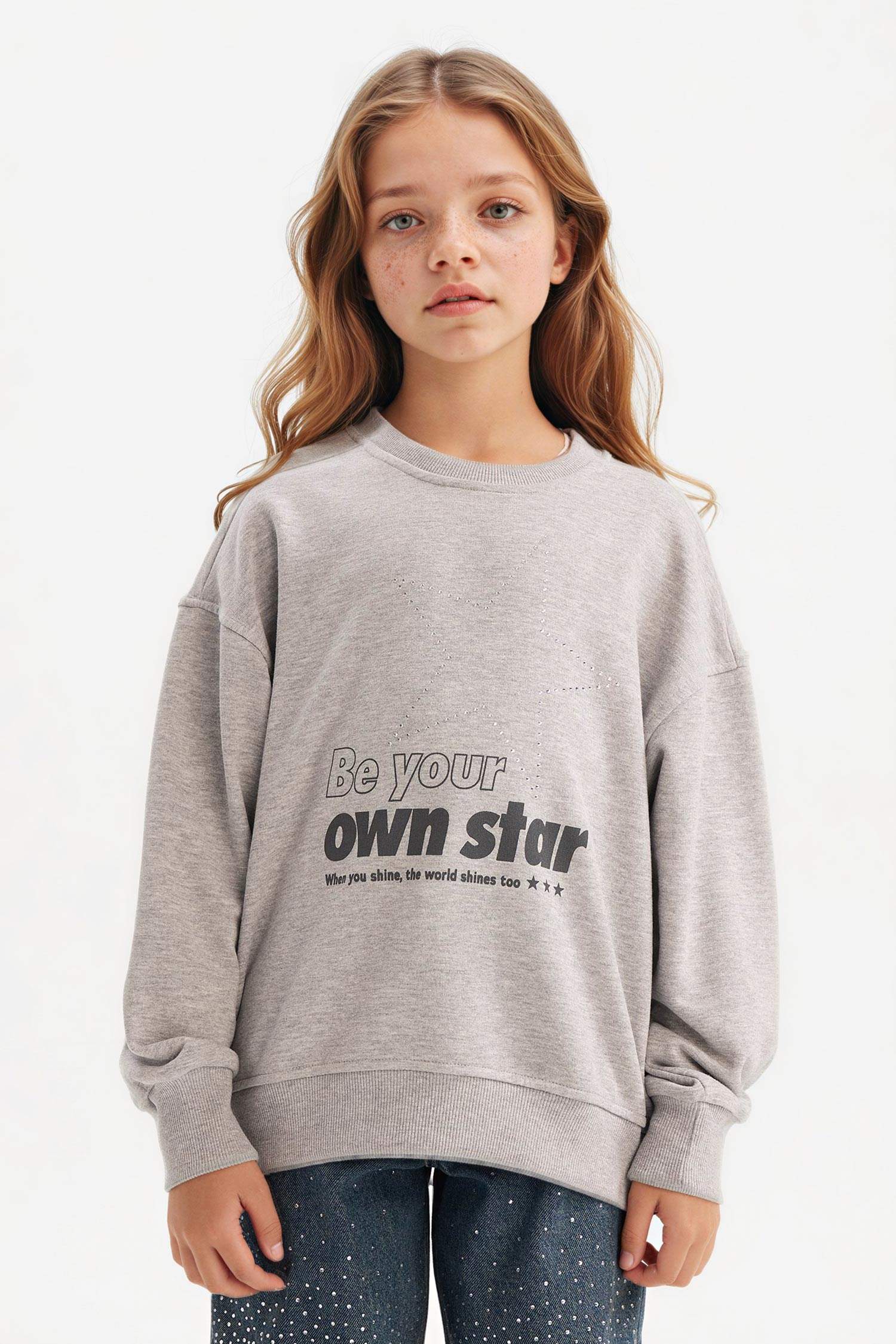 Relax Fit Bisiklet Yaka Baskılı Sweatshirt Kız Çocuk