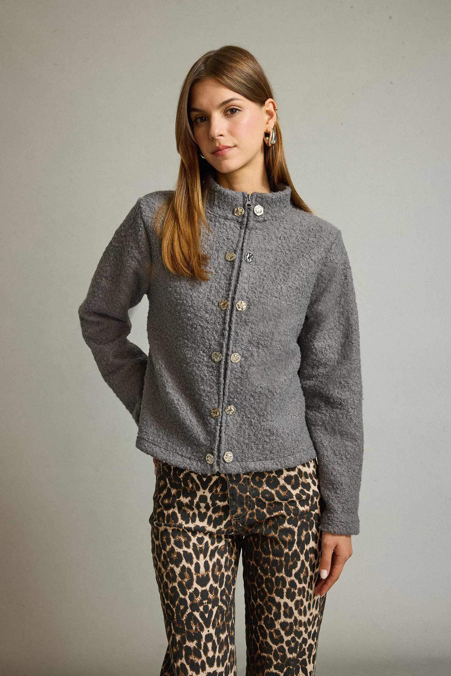 Pelüş Düğme Detaylı Fermuarlı Hırka