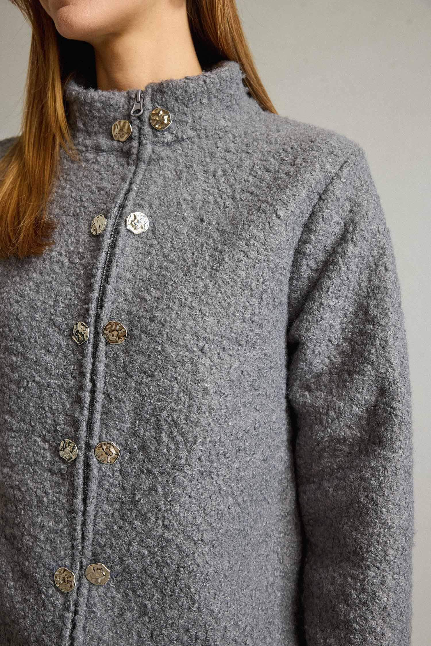 Pelüş Düğme Detaylı Fermuarlı Hırka