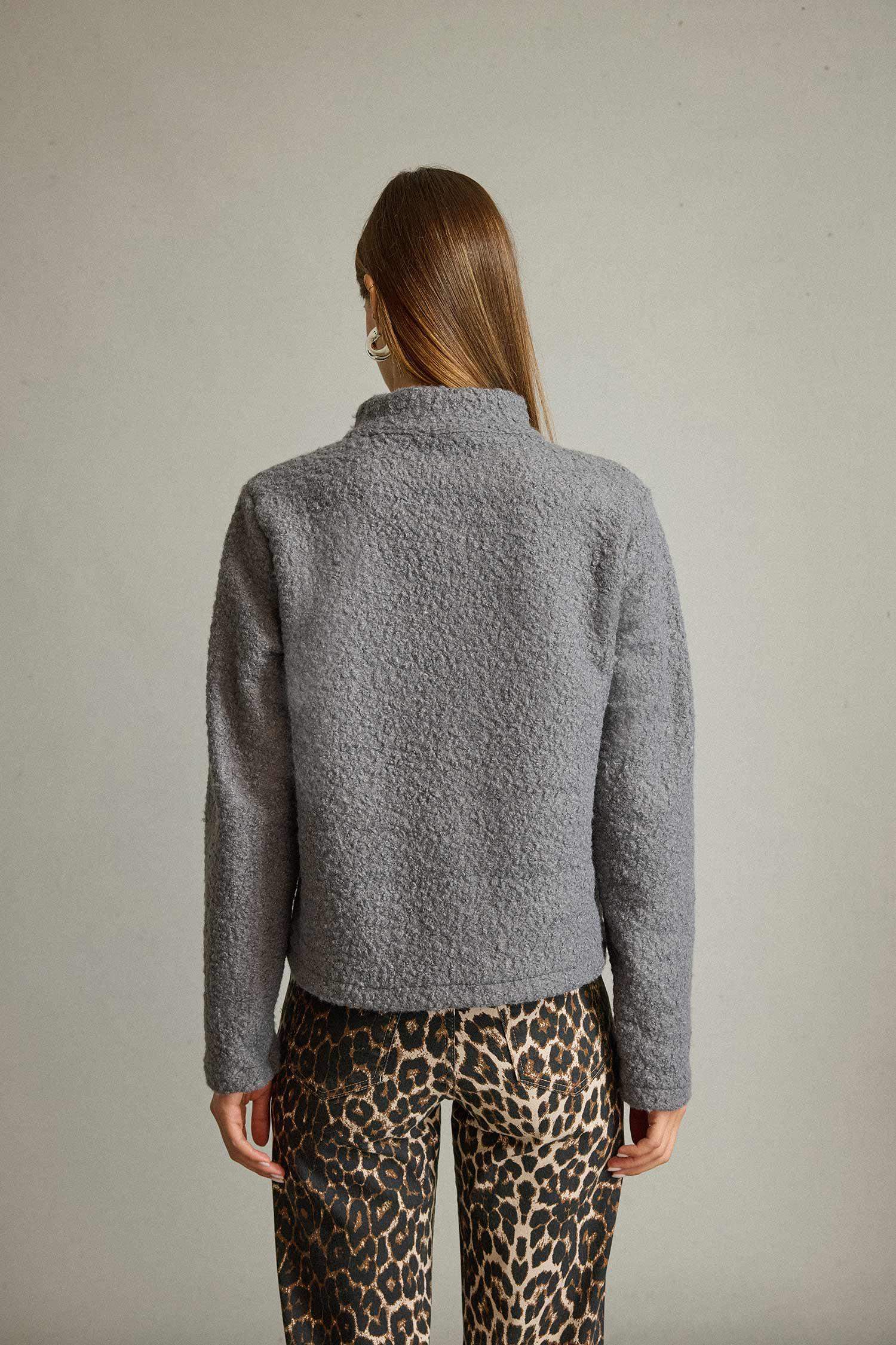 Pelüş Düğme Detaylı Fermuarlı Hırka