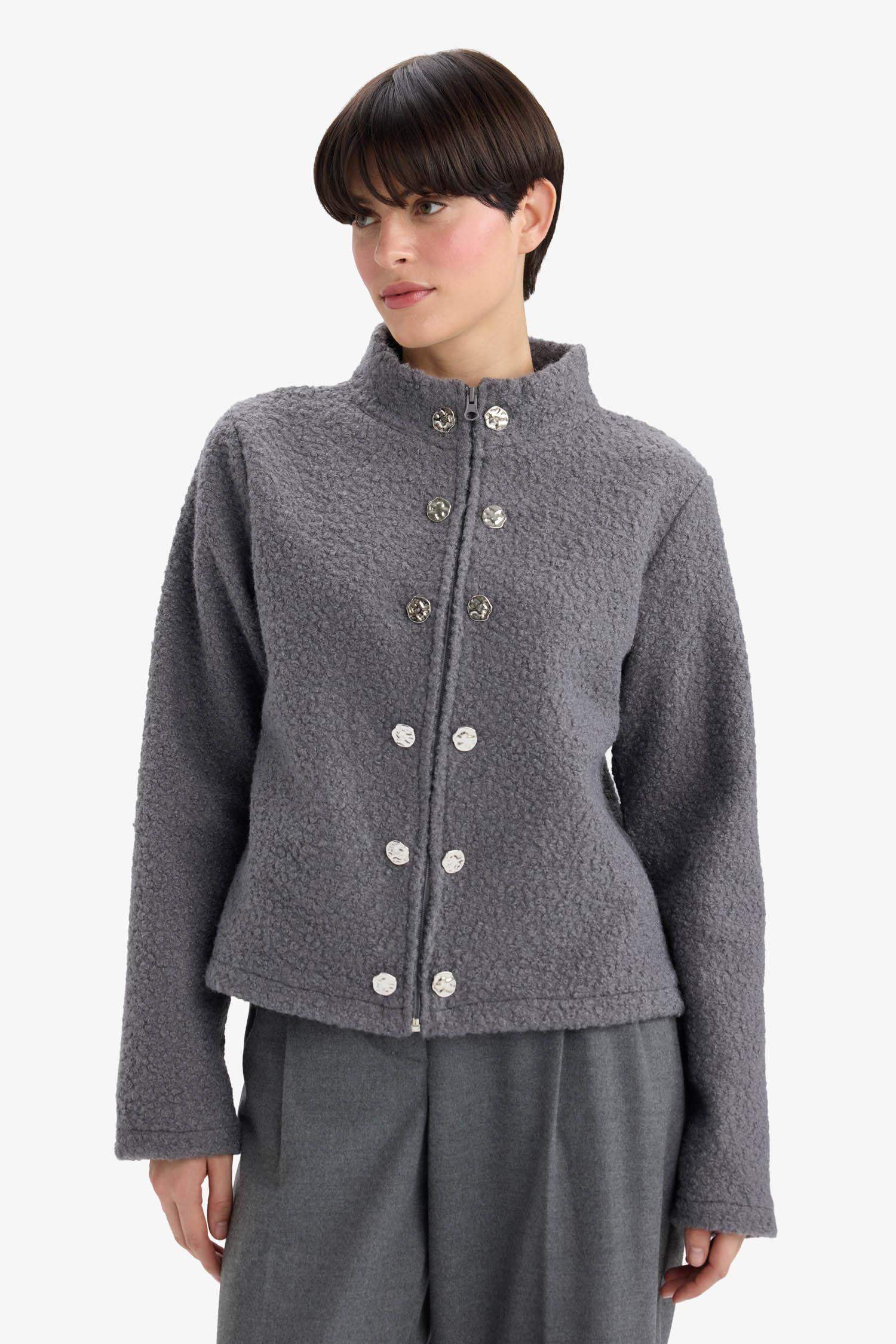 Pelüş Düğme Detaylı Fermuarlı Hırka