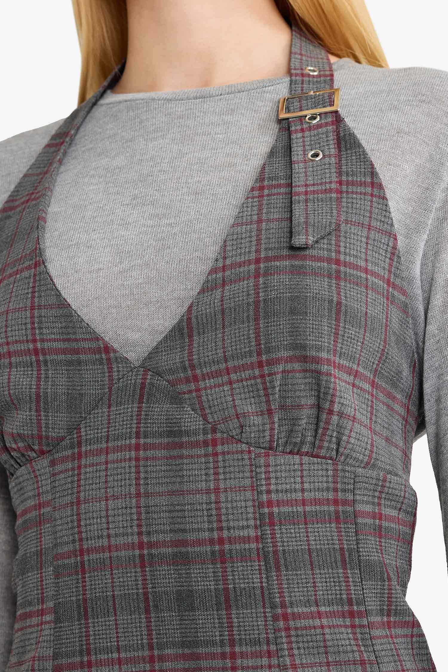 Coool Halter Yaka Kareli Mini Elbise