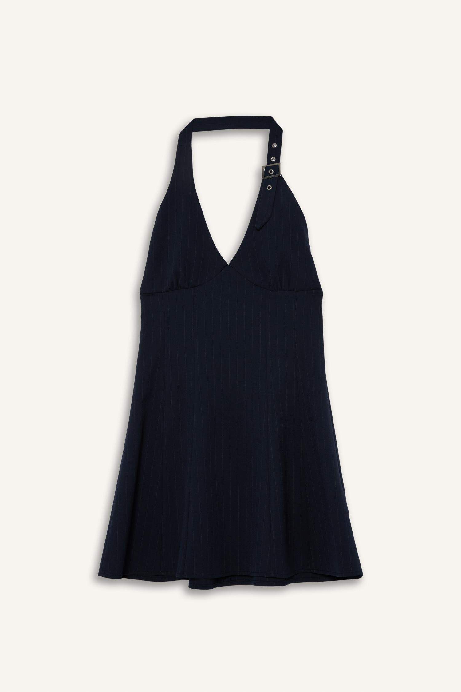 فستان نص كم قصير كاروهات بياقة هالتر