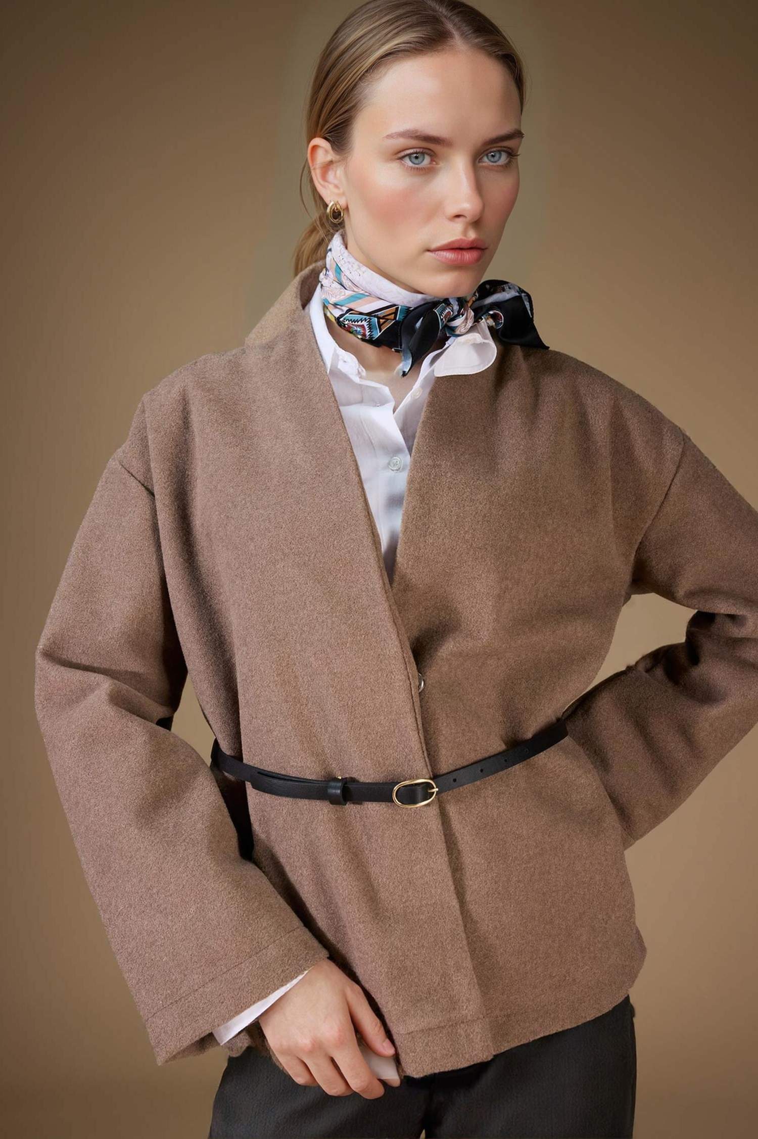 Round Collar Wool Look Long Sleeve Shirt