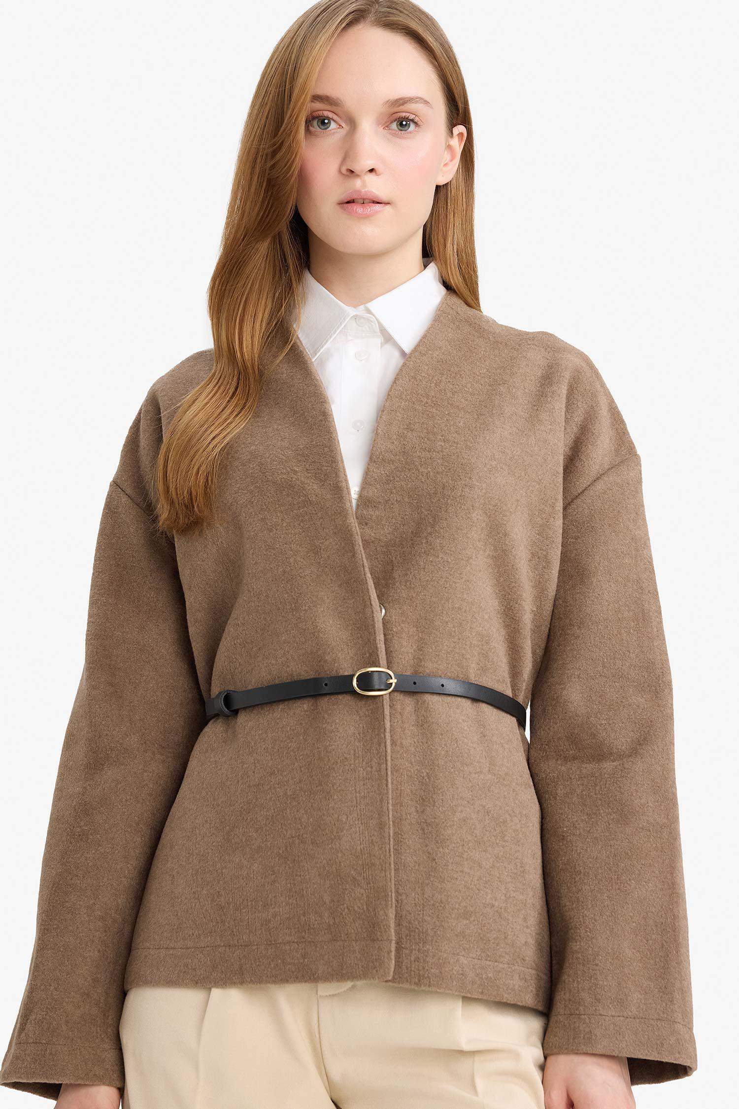 Round Collar Wool Look Long Sleeve Shirt