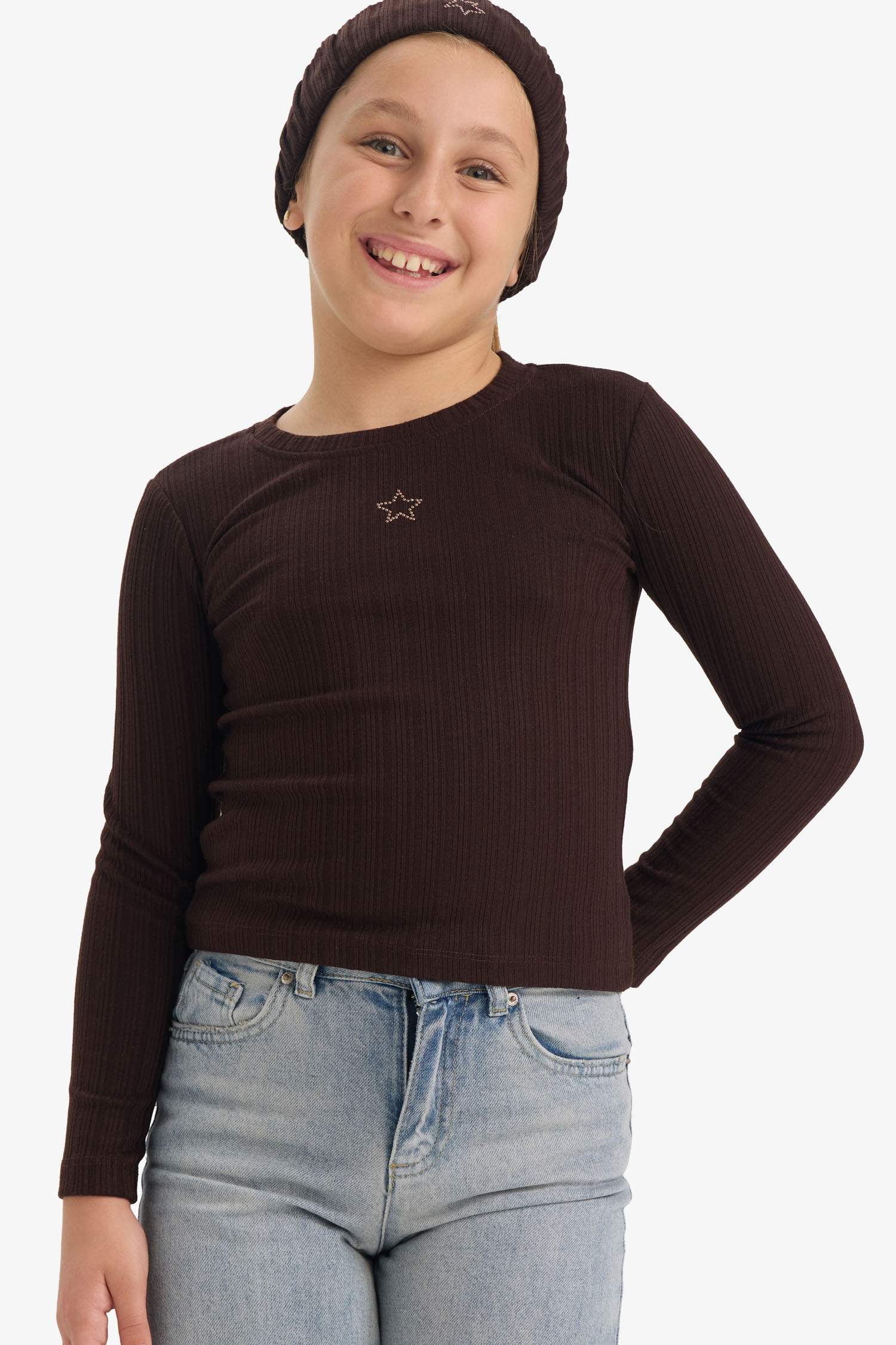 Kız Çocuk Slim Fit Dar Kesim Yıldızlı Fitilli Kaşkorse Uzun Kollu Tişört 