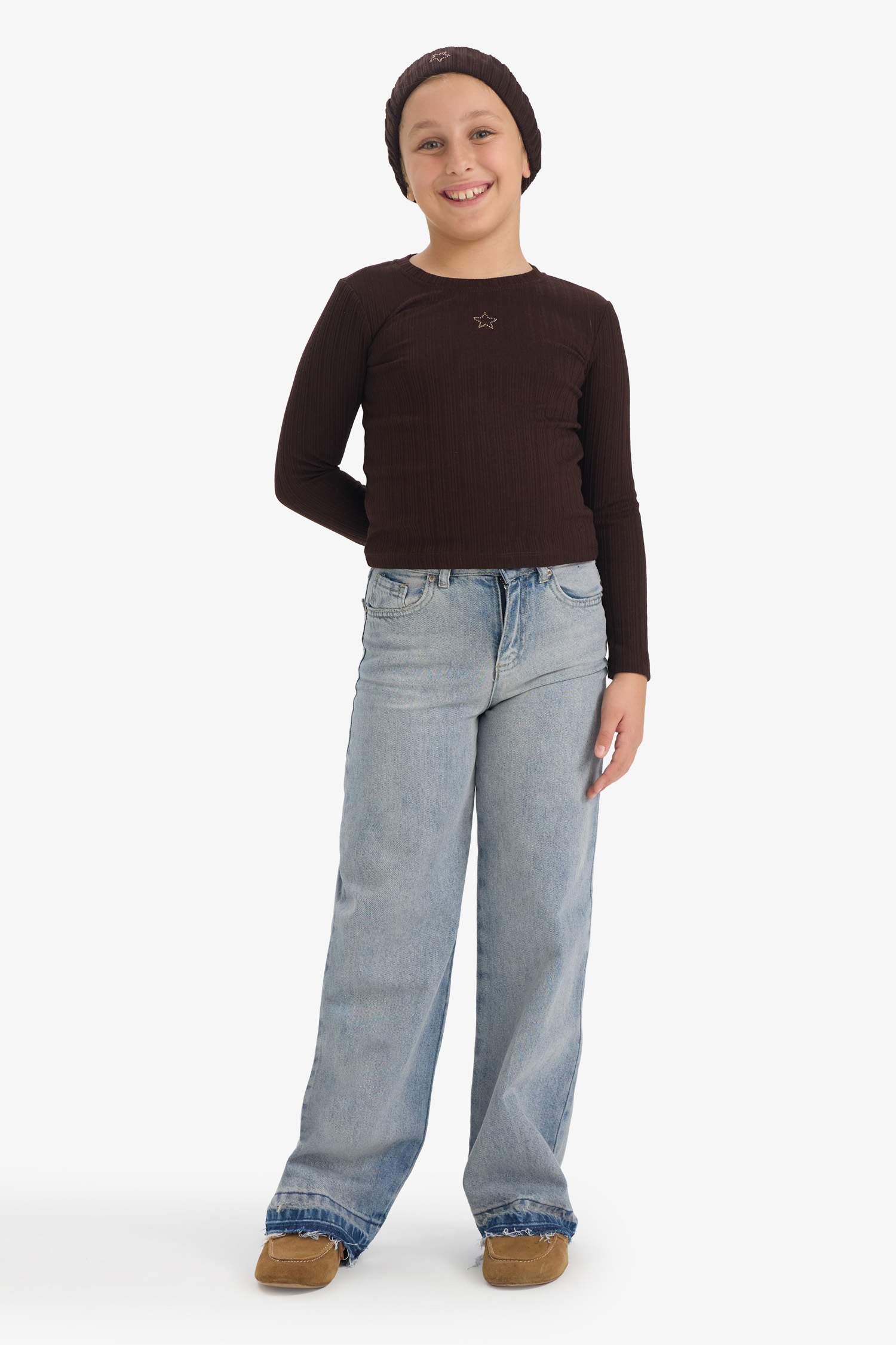 Kız Çocuk Slim Fit Dar Kesim Yıldızlı Fitilli Kaşkorse Uzun Kollu Tişört 