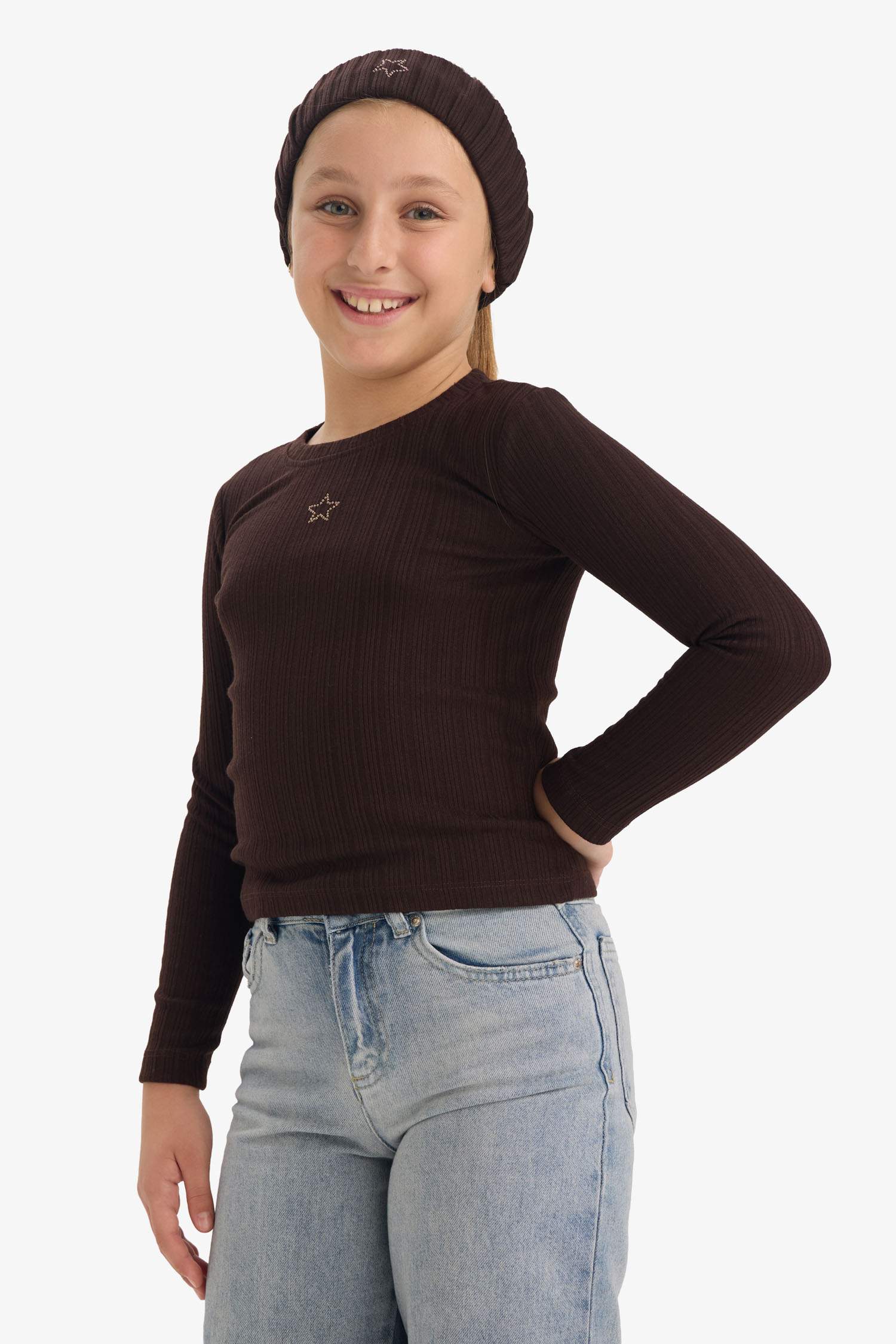 Kız Çocuk Slim Fit Dar Kesim Yıldızlı Fitilli Kaşkorse Uzun Kollu Tişört 