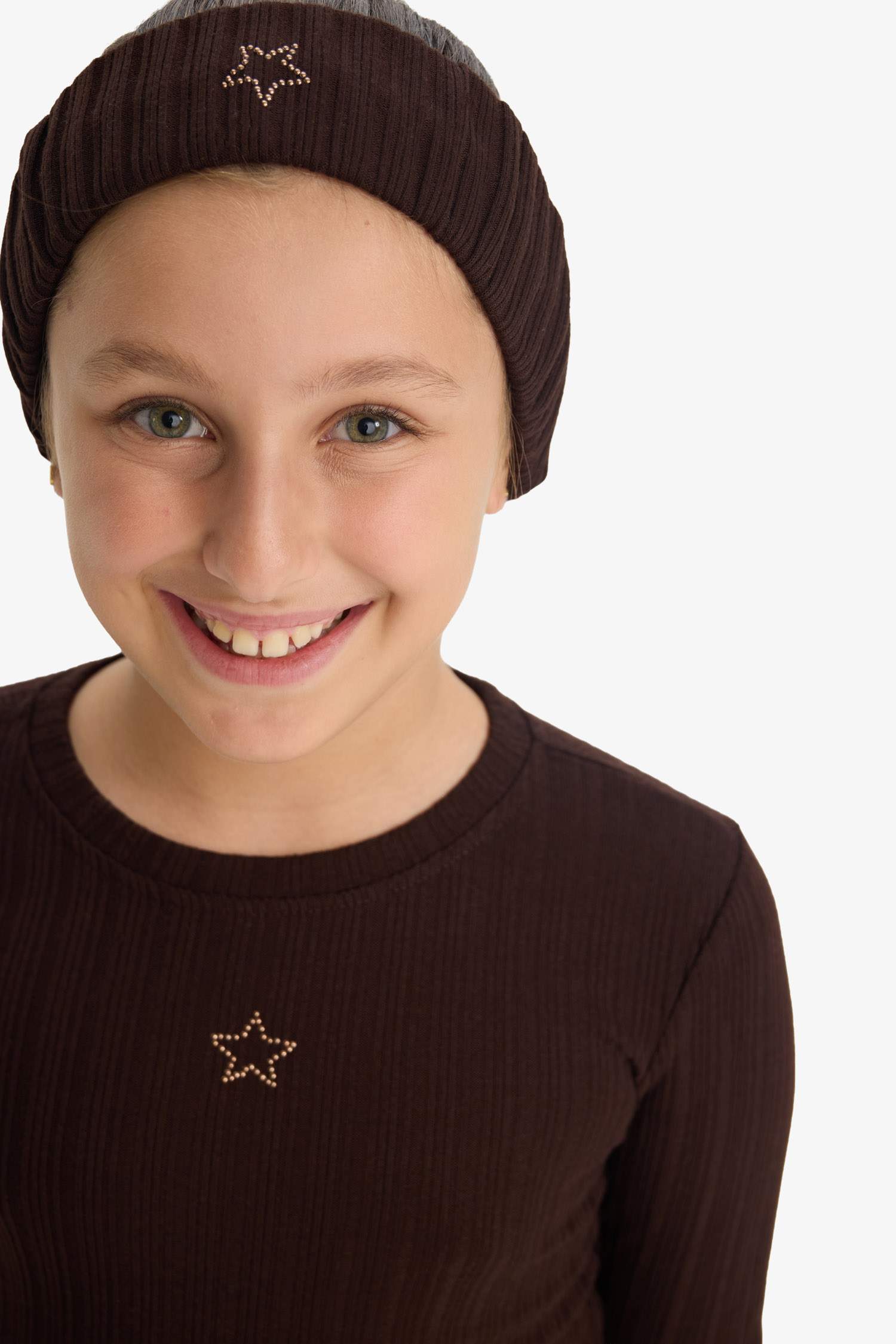 Kız Çocuk Slim Fit Dar Kesim Yıldızlı Fitilli Kaşkorse Uzun Kollu Tişört 