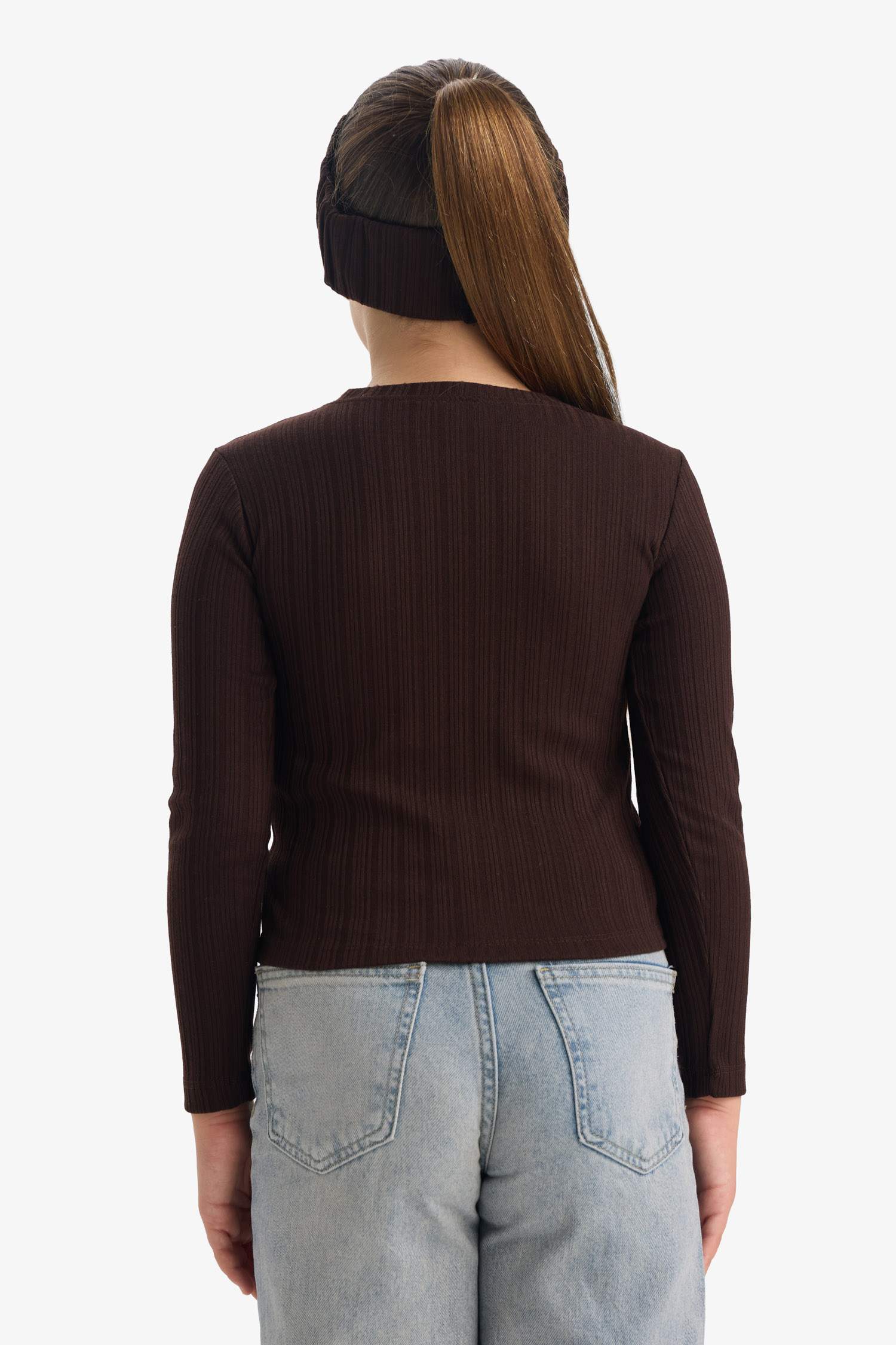 Kız Çocuk Slim Fit Dar Kesim Yıldızlı Fitilli Kaşkorse Uzun Kollu Tişört 