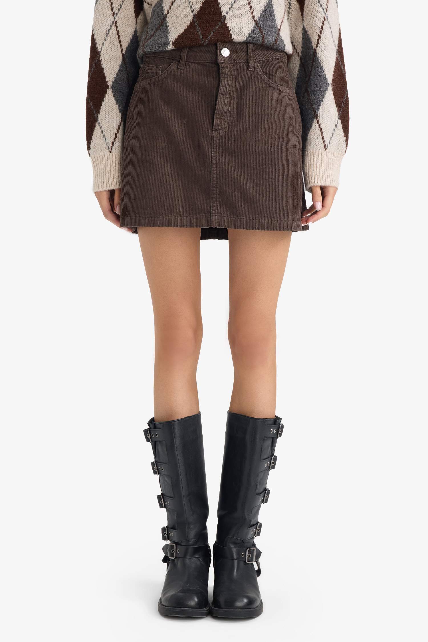 A Kesim Normal Bel Fitilli Kadife Mini Etek