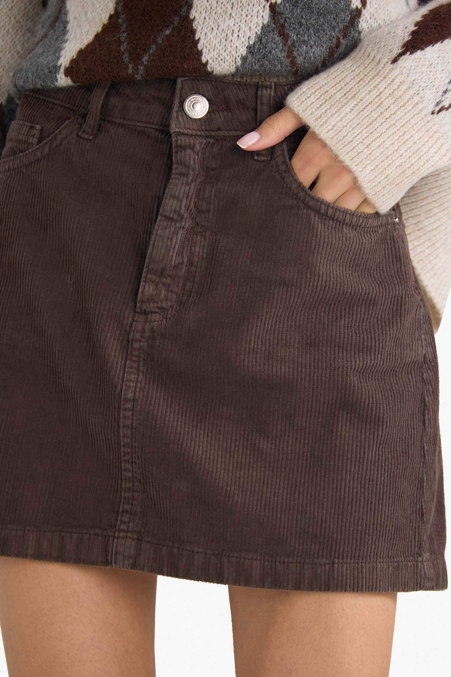 A Kesim Normal Bel Fitilli Kadife Mini Etek