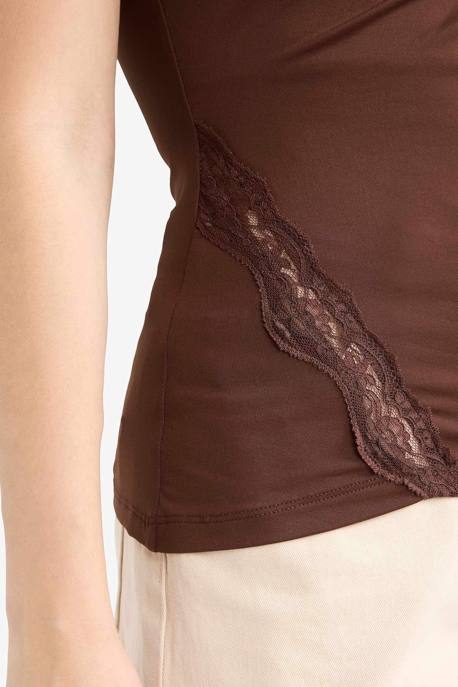 Slim Fit Dar Kesim Bisiklet Yaka Dantel Detaylı Kolsuz Bluz