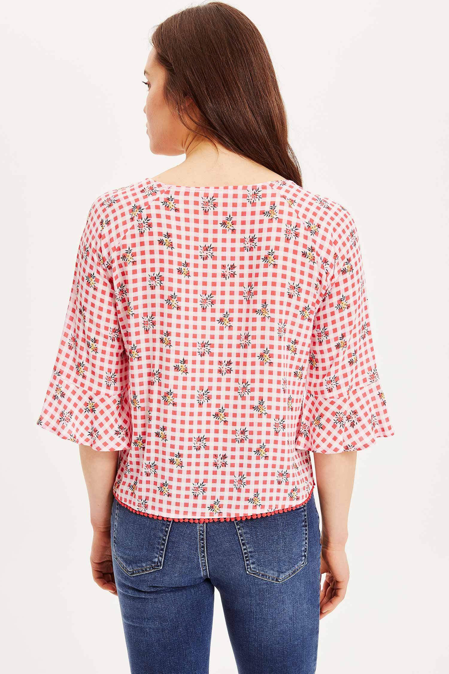 Defacto Desenli Volanlı Kol Bluz. 4