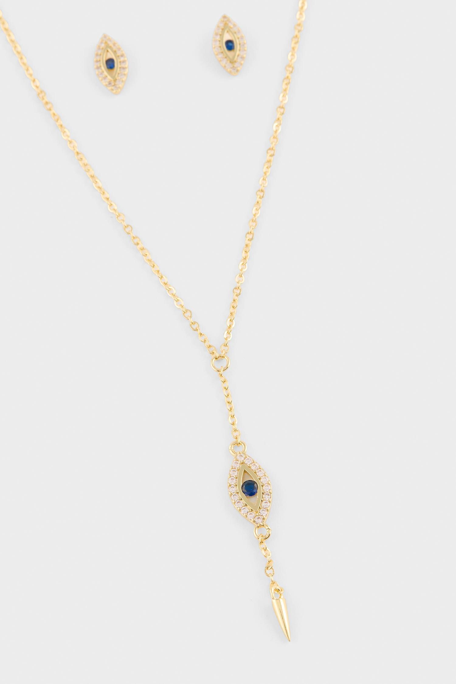 DeFacto Reis X DeFacto Mavi Taşlı Gold Kolye Küpe Set görsel 3