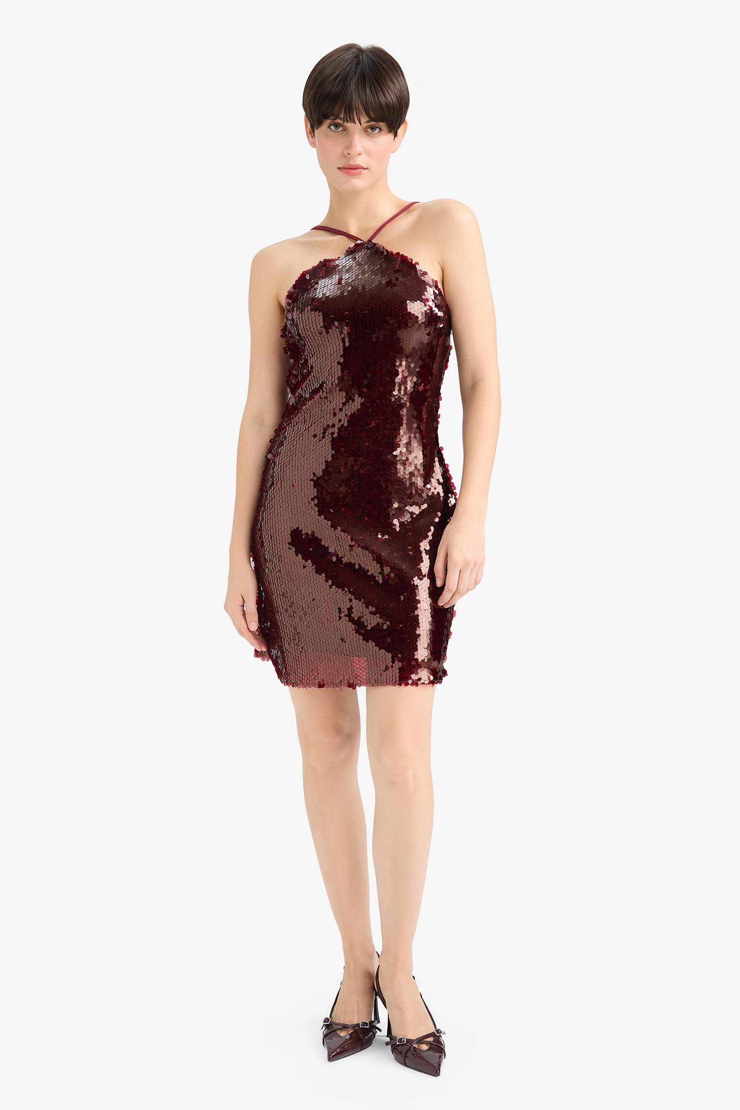 Fitted Halter Yaka Payetli Kumaş Kolsuz Mini Elbise