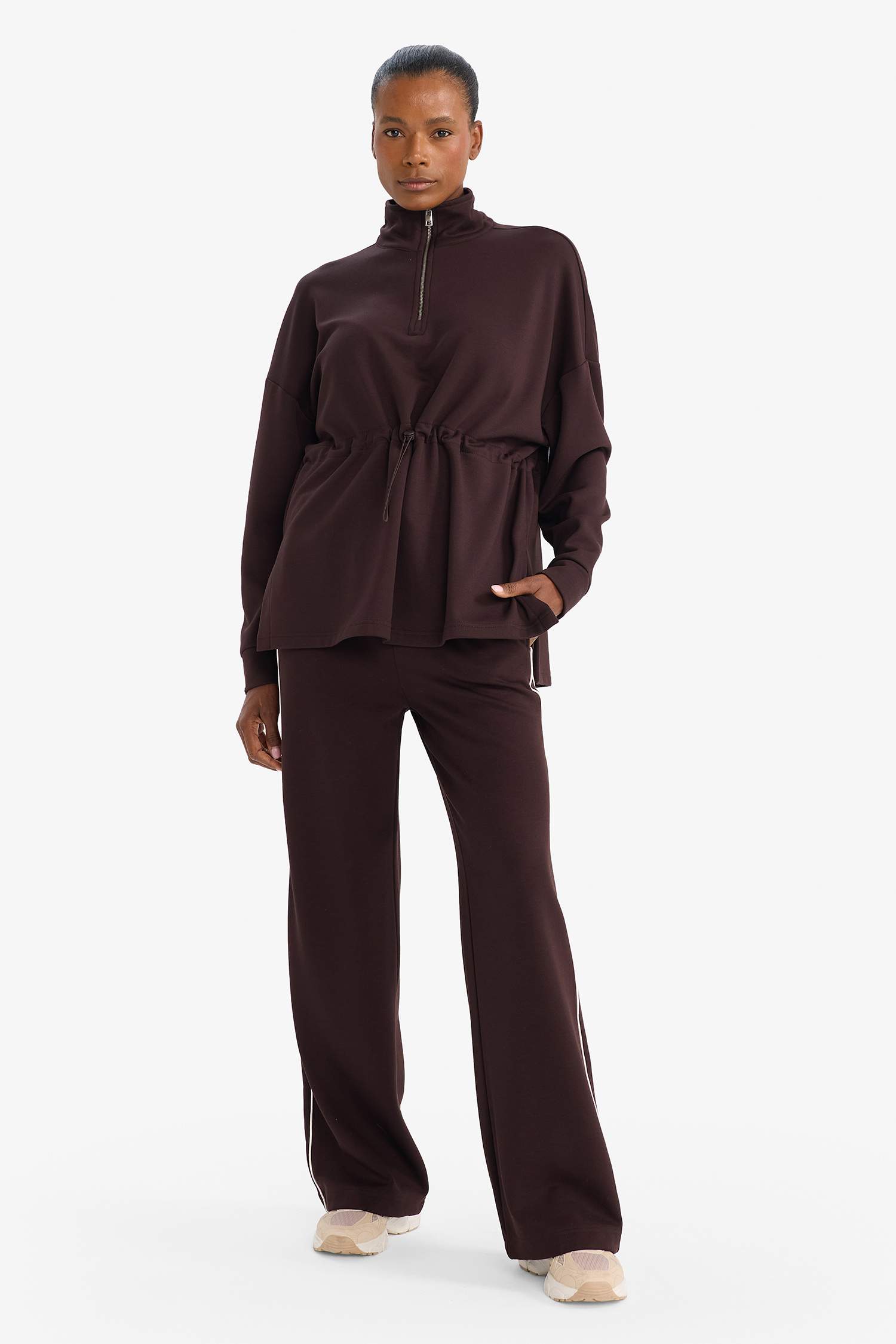 DeFactoFit Long Fit Dik Yaka Beli Lastikli Yarım Fermuarlı Modal Sporcu Sweatshirt 