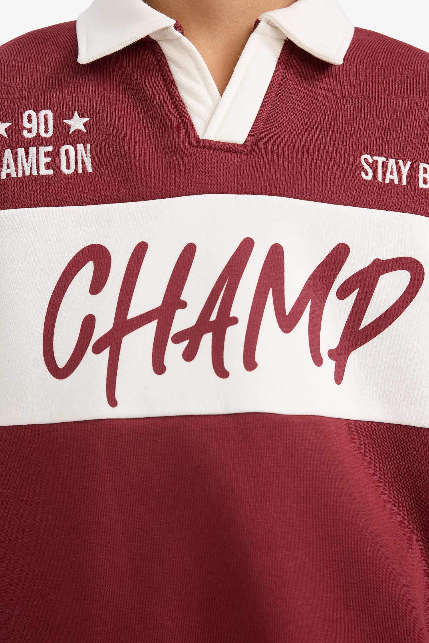 Oversize Fit Printed Polo Collar Sweatshirt