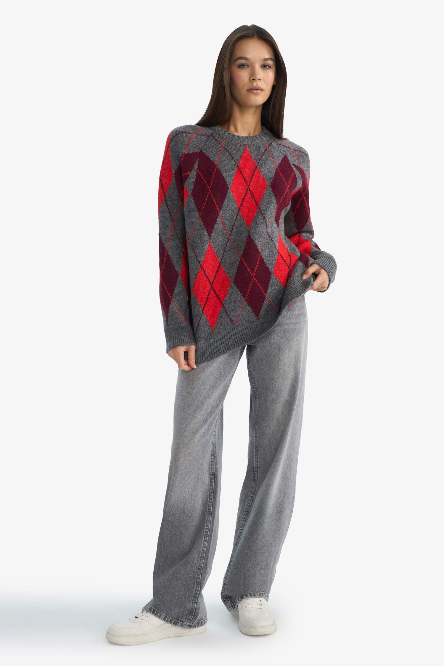 Oversize Geniş Kalıp Bisiklet Yaka Baklava Desenli Triko Kazak 