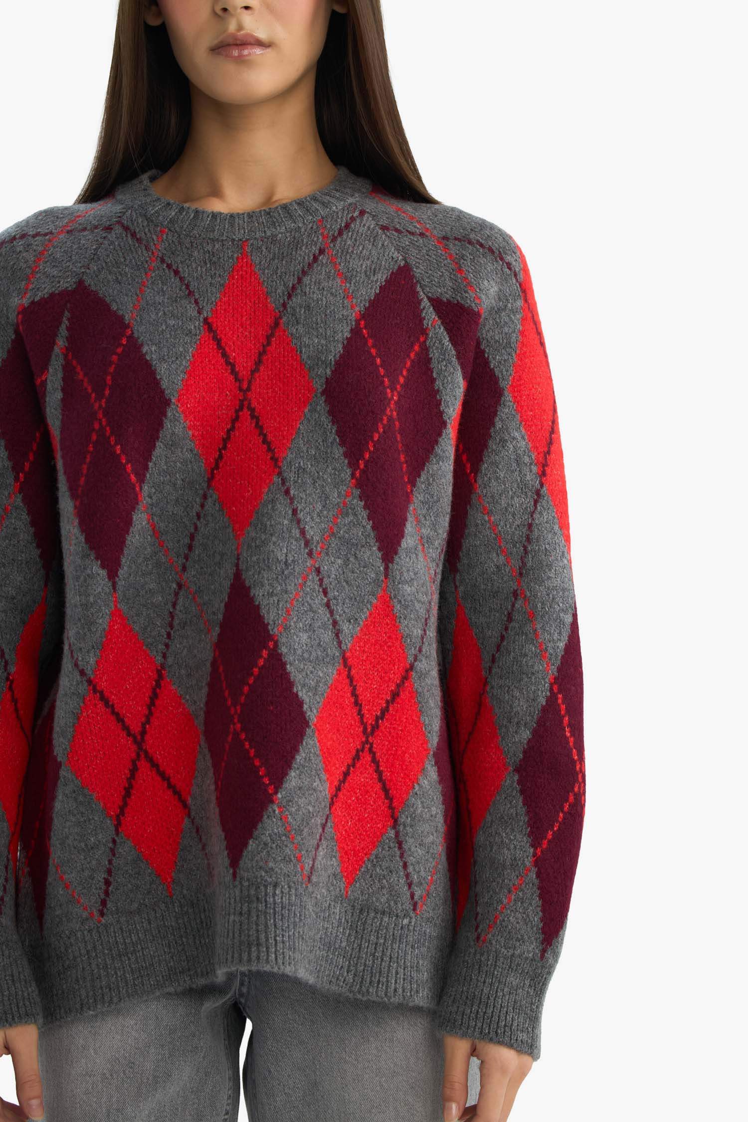 Oversize Geniş Kalıp Bisiklet Yaka Baklava Desenli Triko Kazak 